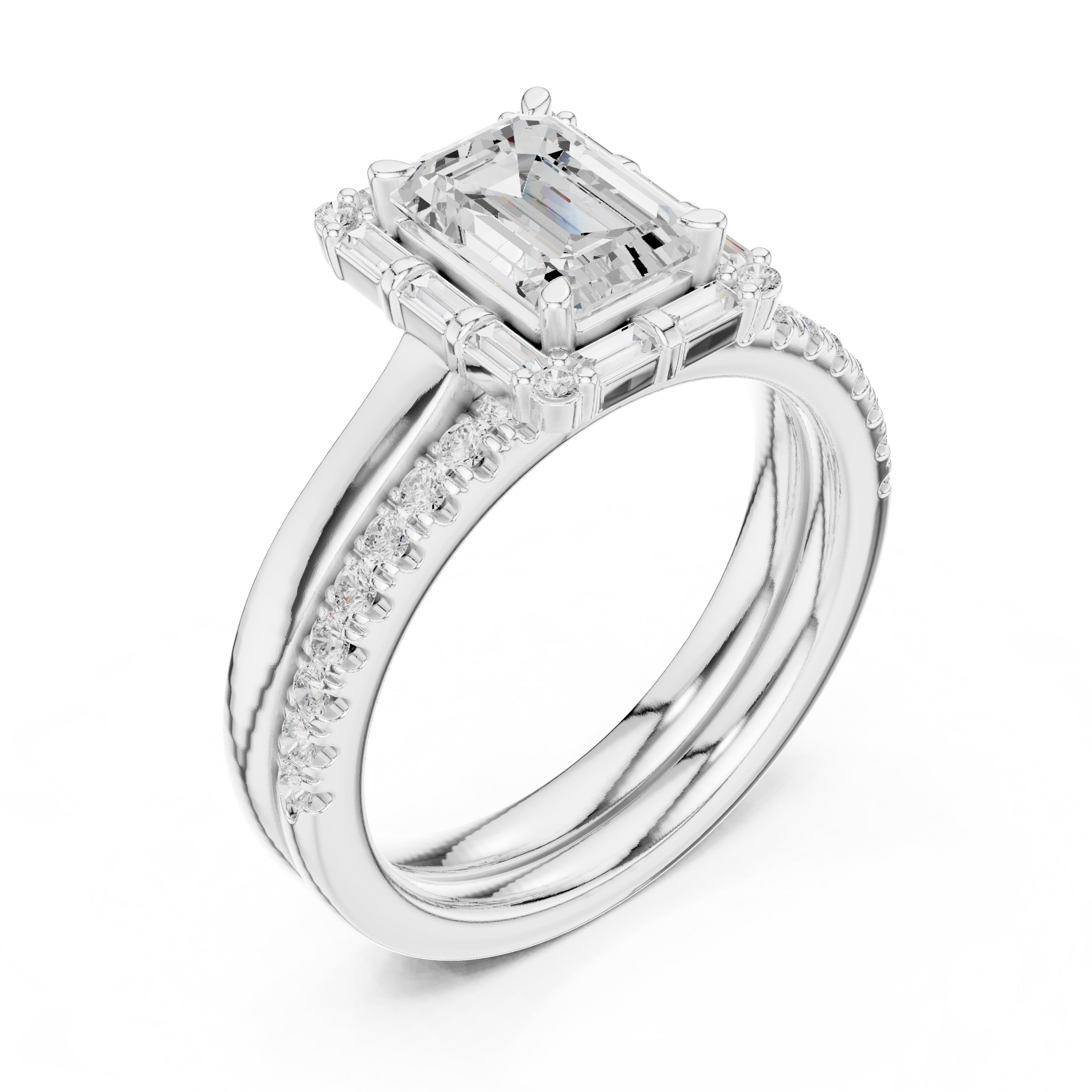 1.50 ct Emerald Cut Baguette Halo Bridal Set 1.5ct White Gold