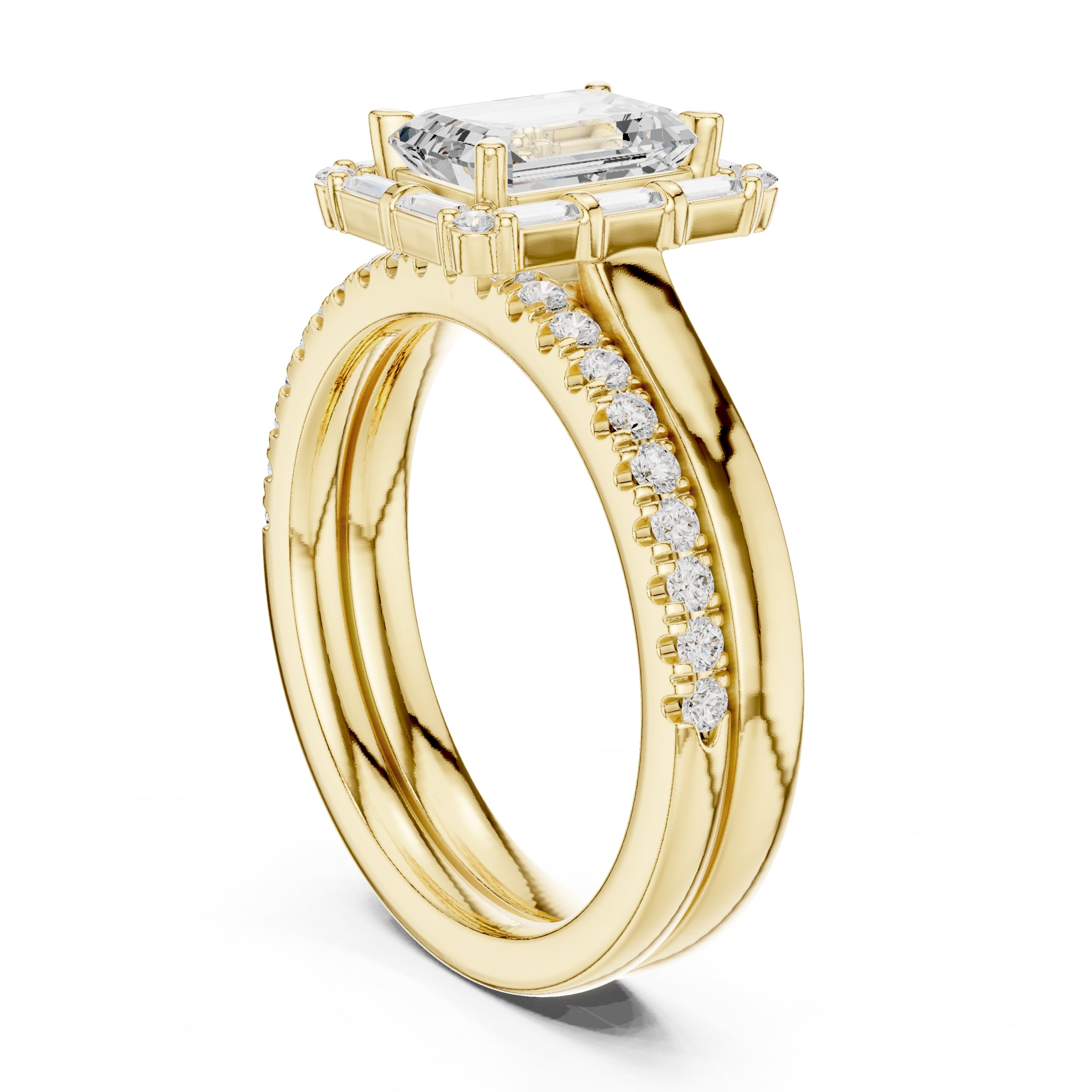 1.50 ct Emerald Cut Baguette Halo Bridal Set 1.5ct Yellow Gold