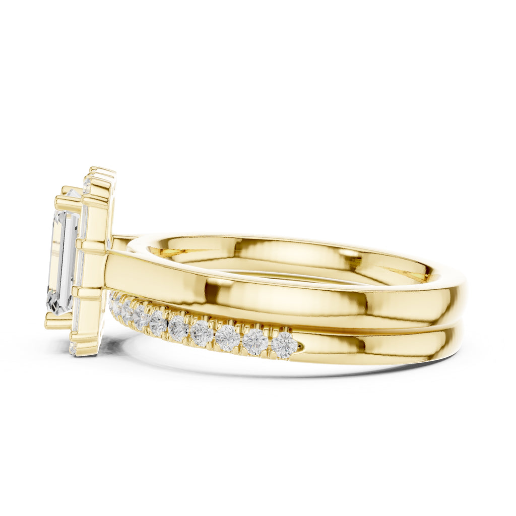 1.50 ct Emerald Cut Baguette Halo Bridal Set 1.5ct Yellow Gold