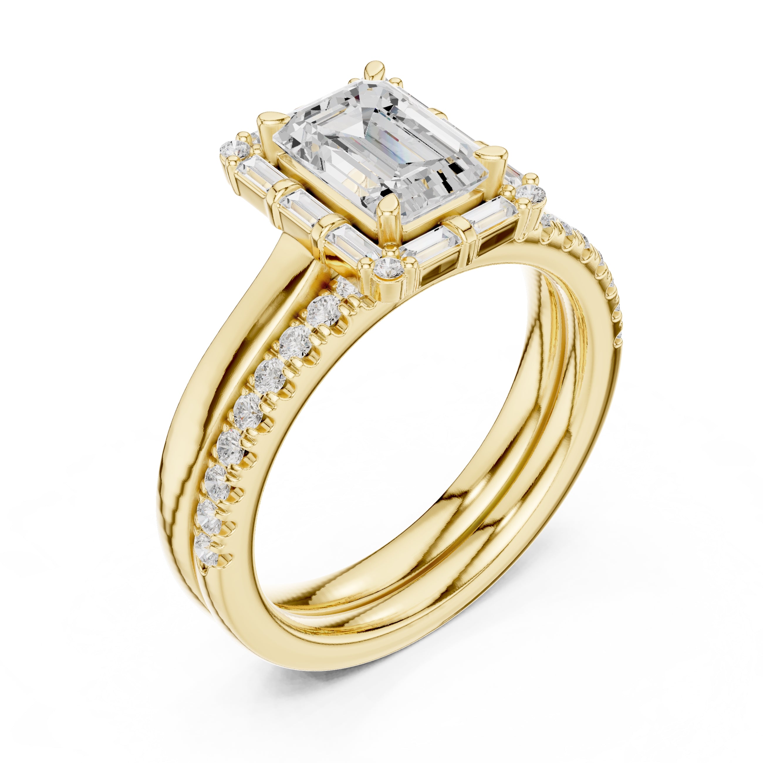 1.50 ct Emerald Cut Baguette Halo Bridal Set 1.5ct Yellow Gold