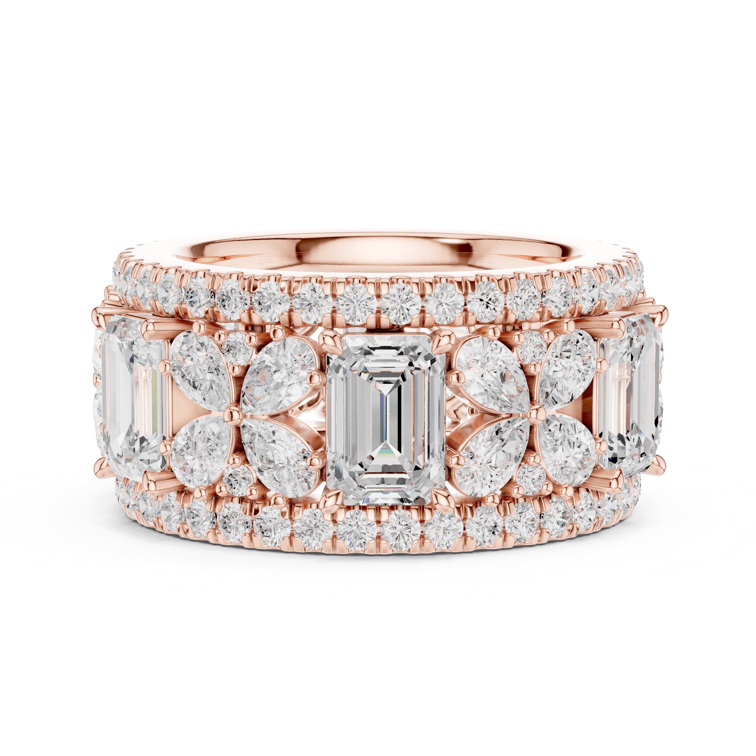 Emerald Cut & Pear Cluster Band Rose Gold