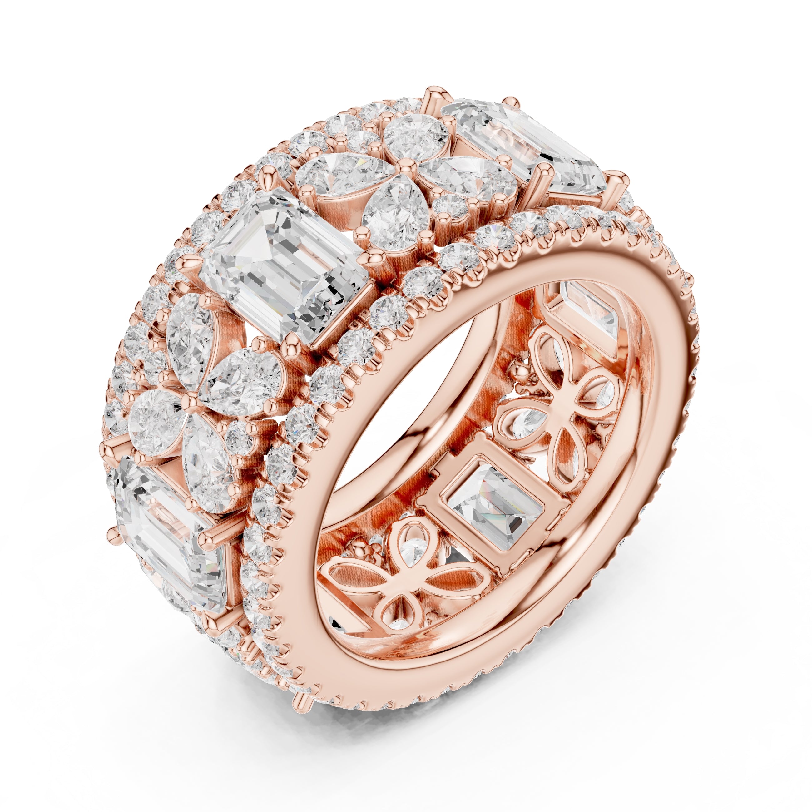 Emerald Cut & Pear Cluster Band Rose Gold