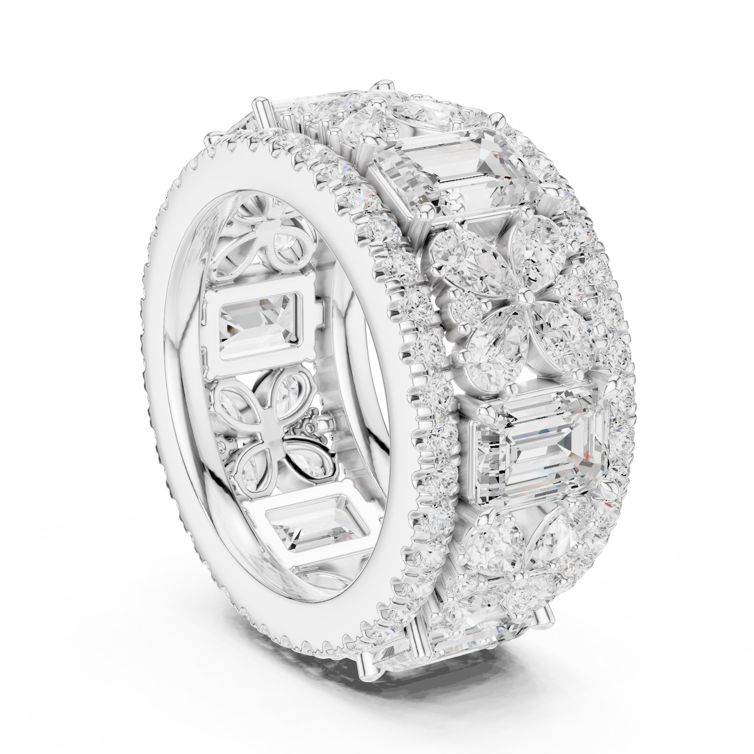 Emerald Cut & Pear Cluster Band White Gold