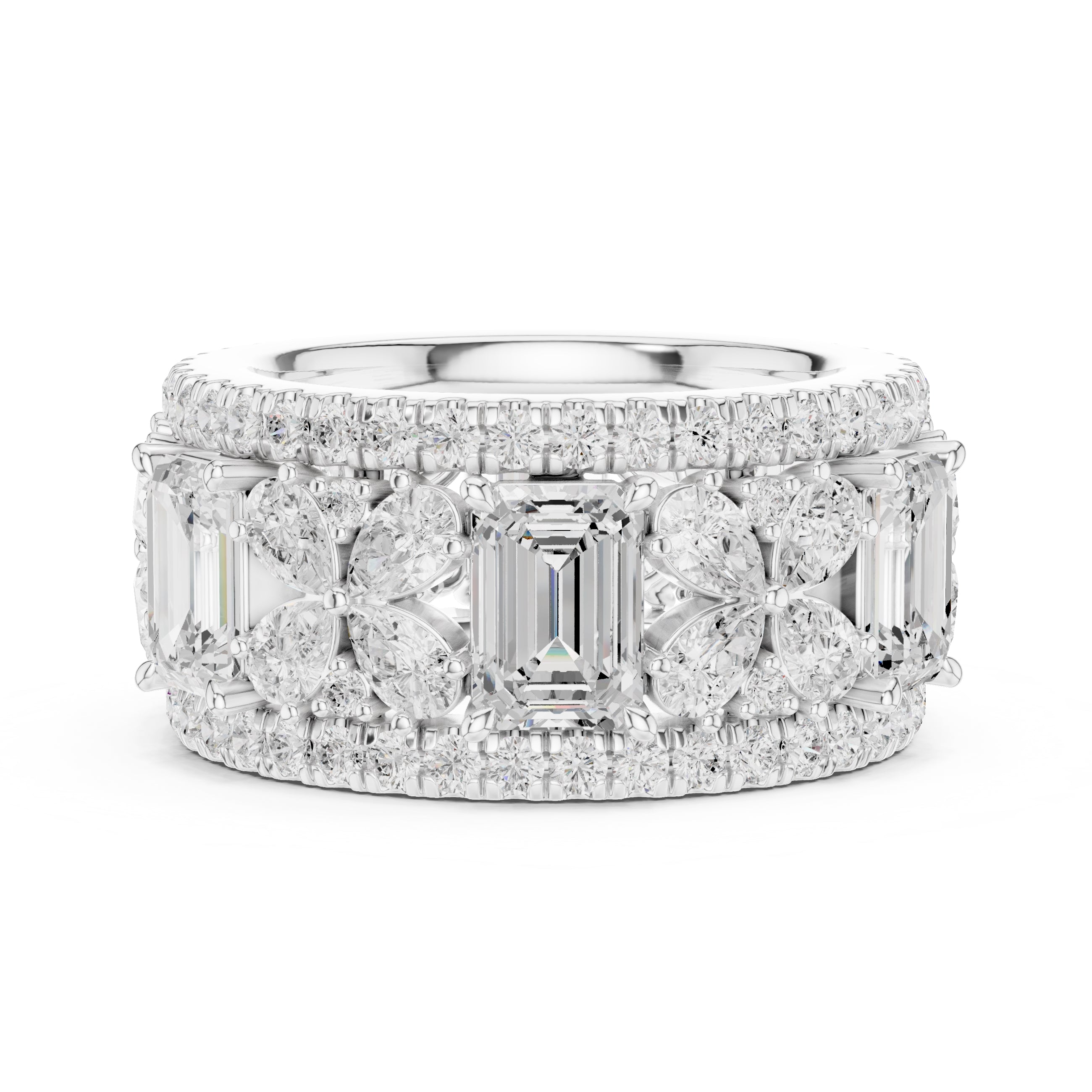 Emerald Cut & Pear Cluster Band White Gold