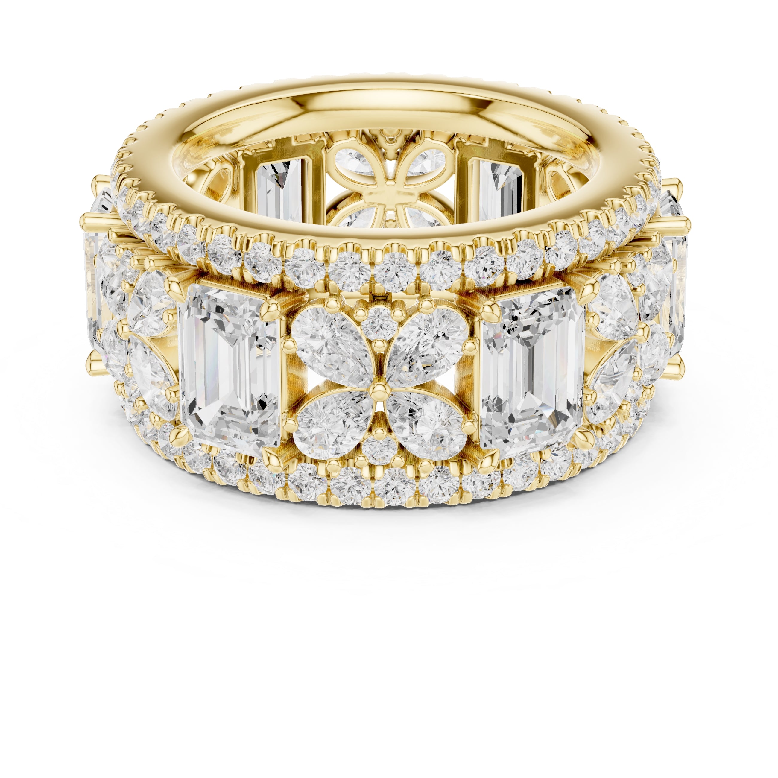 Emerald Cut & Pear Cluster Band Yellow Gold