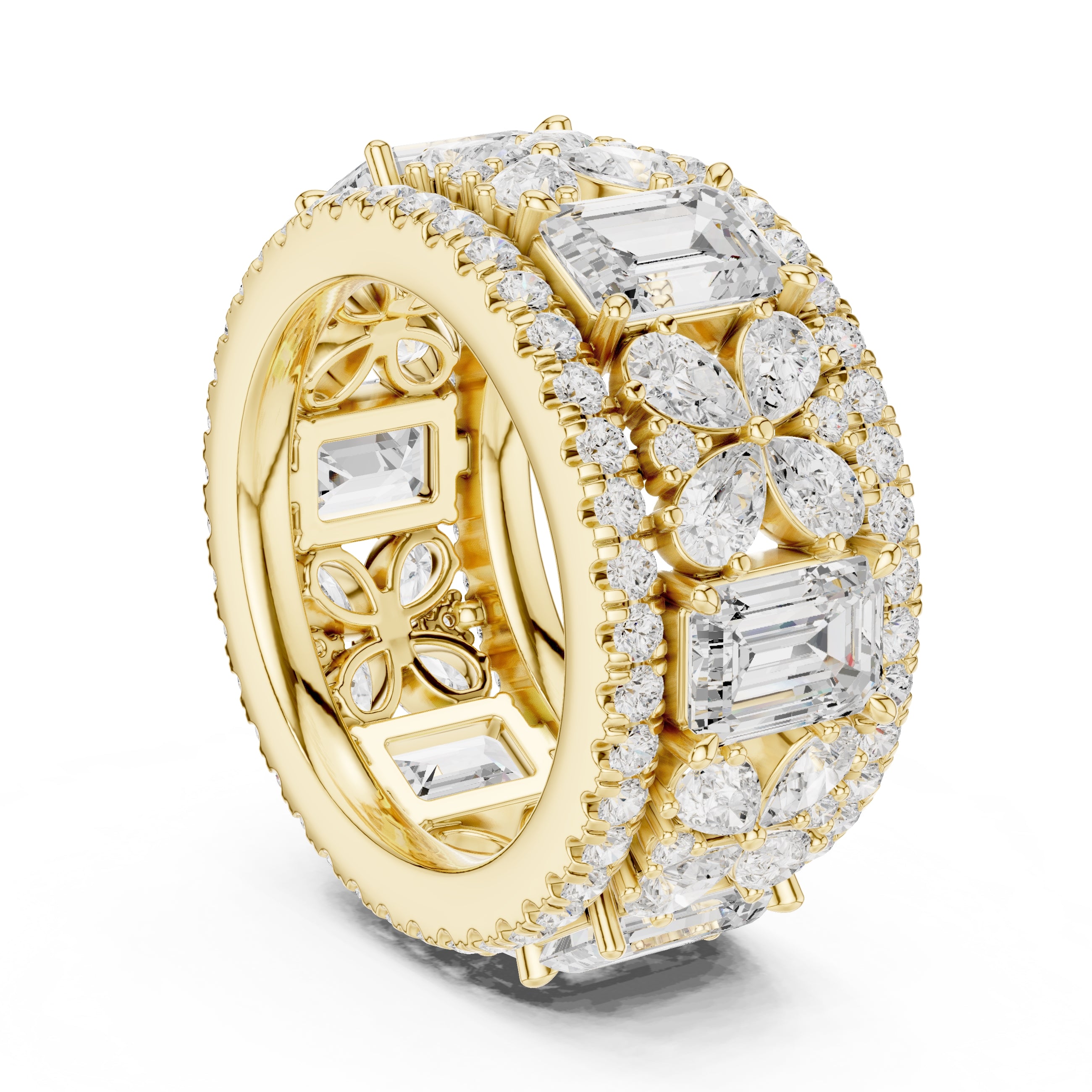 Emerald Cut & Pear Cluster Band Yellow Gold