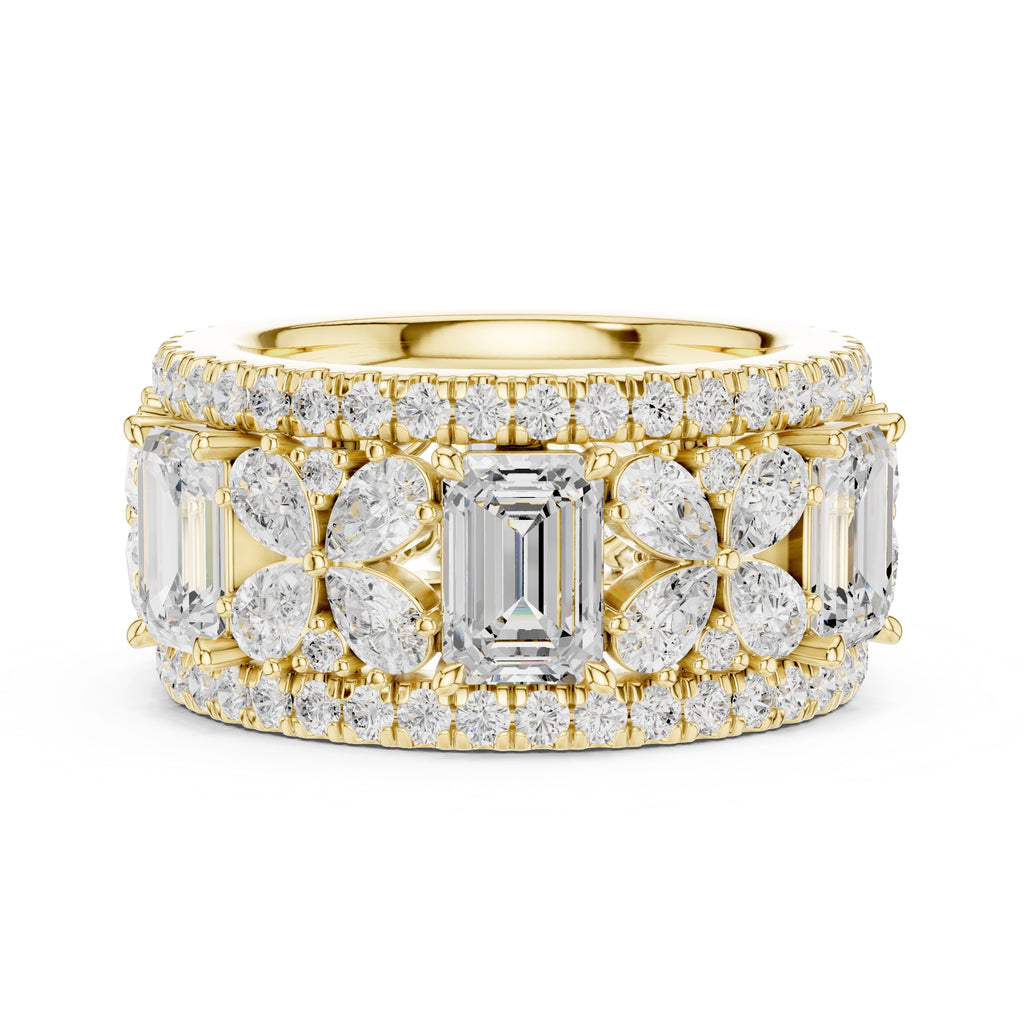 Emerald Cut & Pear Cluster Band Yellow Gold
