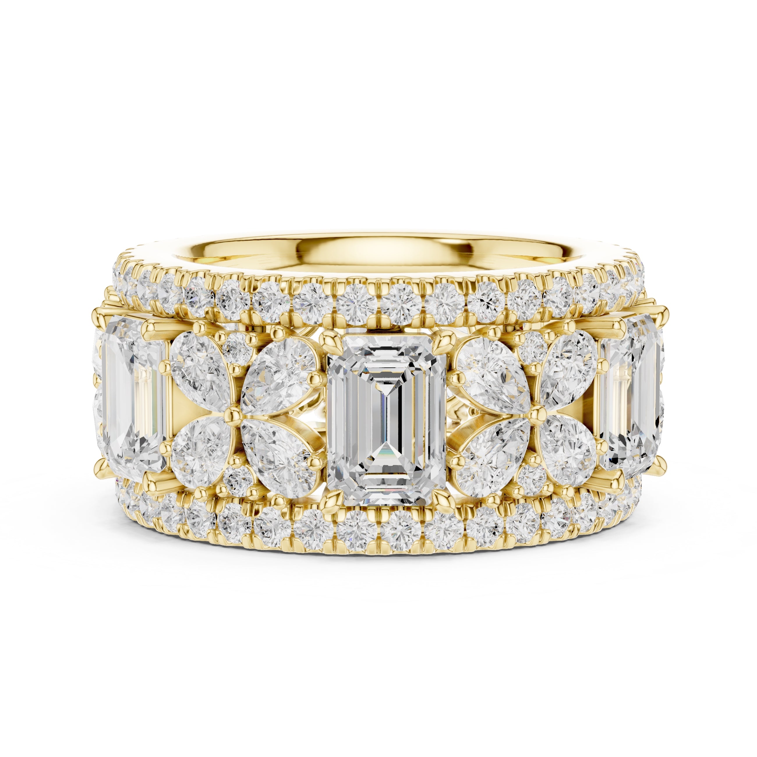 Emerald Cut & Pear Cluster Band Yellow Gold