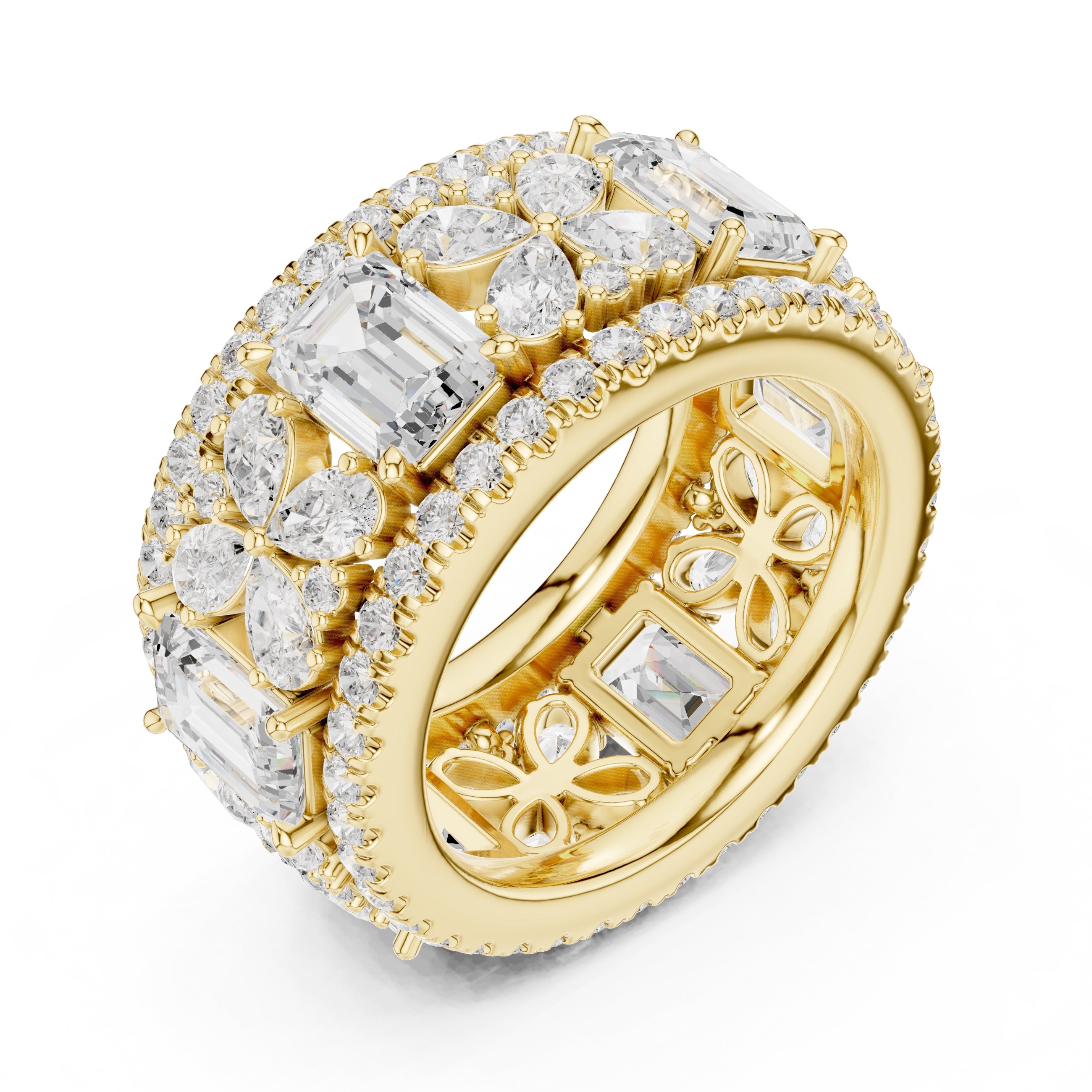 Emerald Cut & Pear Cluster Band Yellow Gold