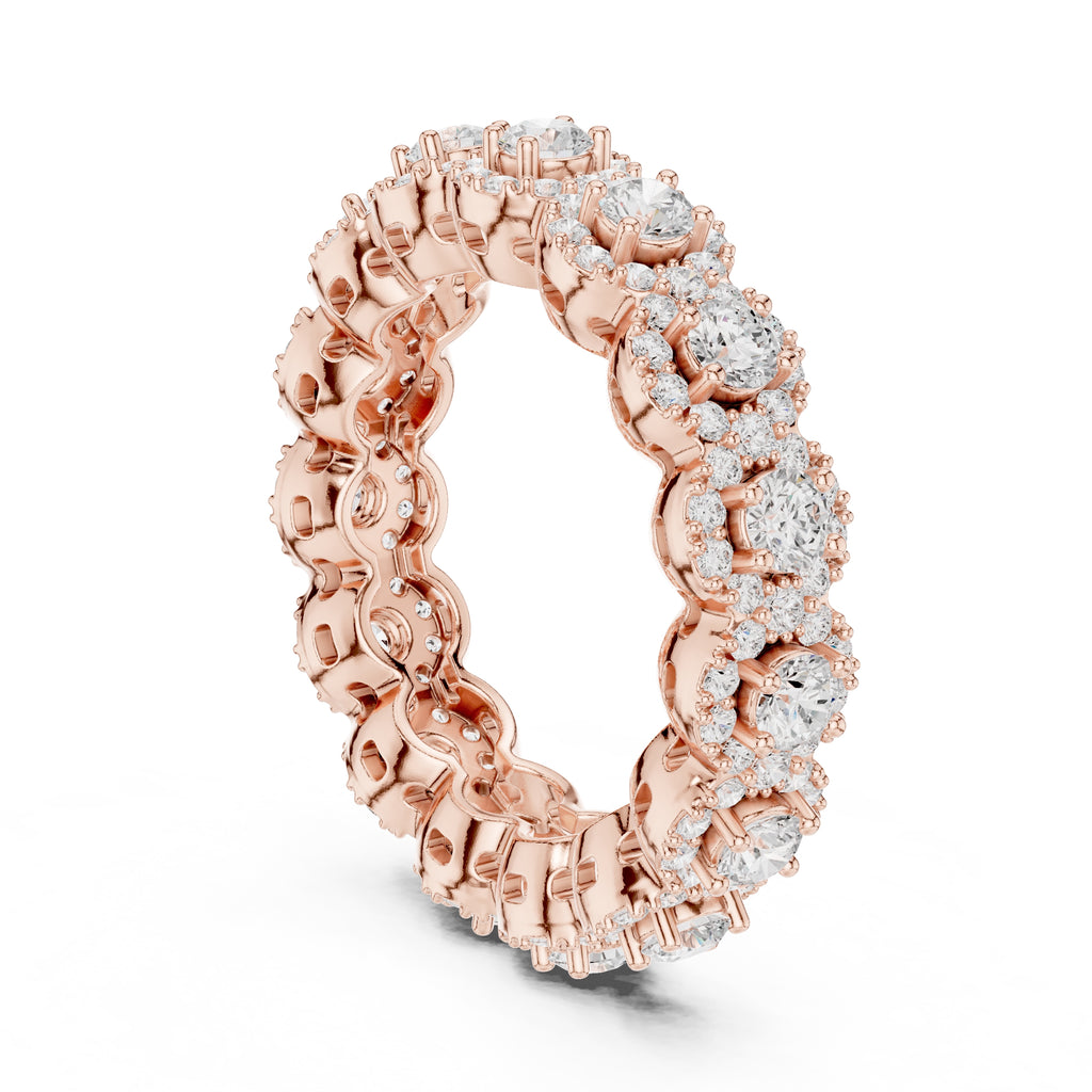 Round Halo Cluster Eternity Band Rose Gold