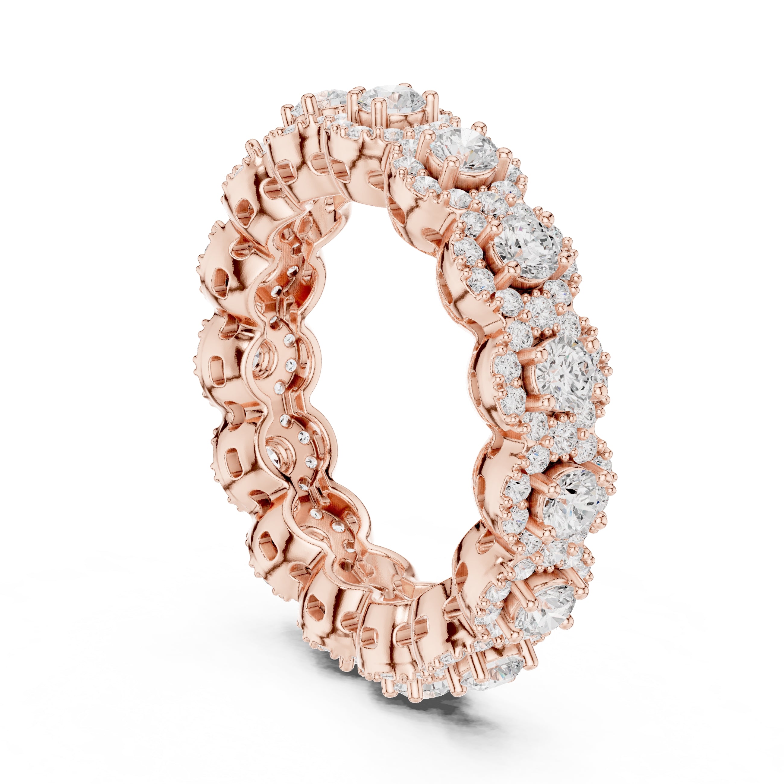 Round Halo Cluster Eternity Band Rose Gold