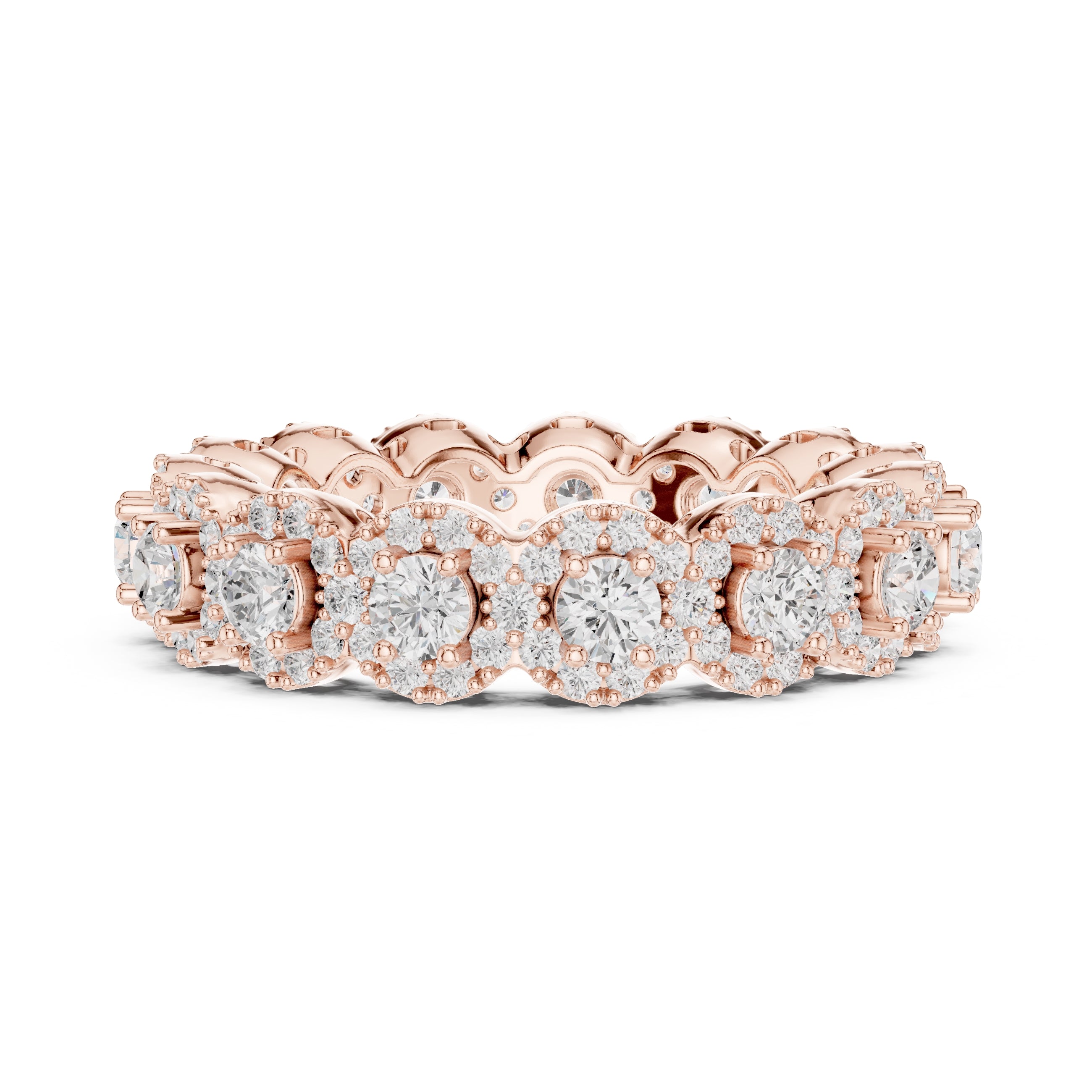 Round Halo Cluster Eternity Band Rose Gold