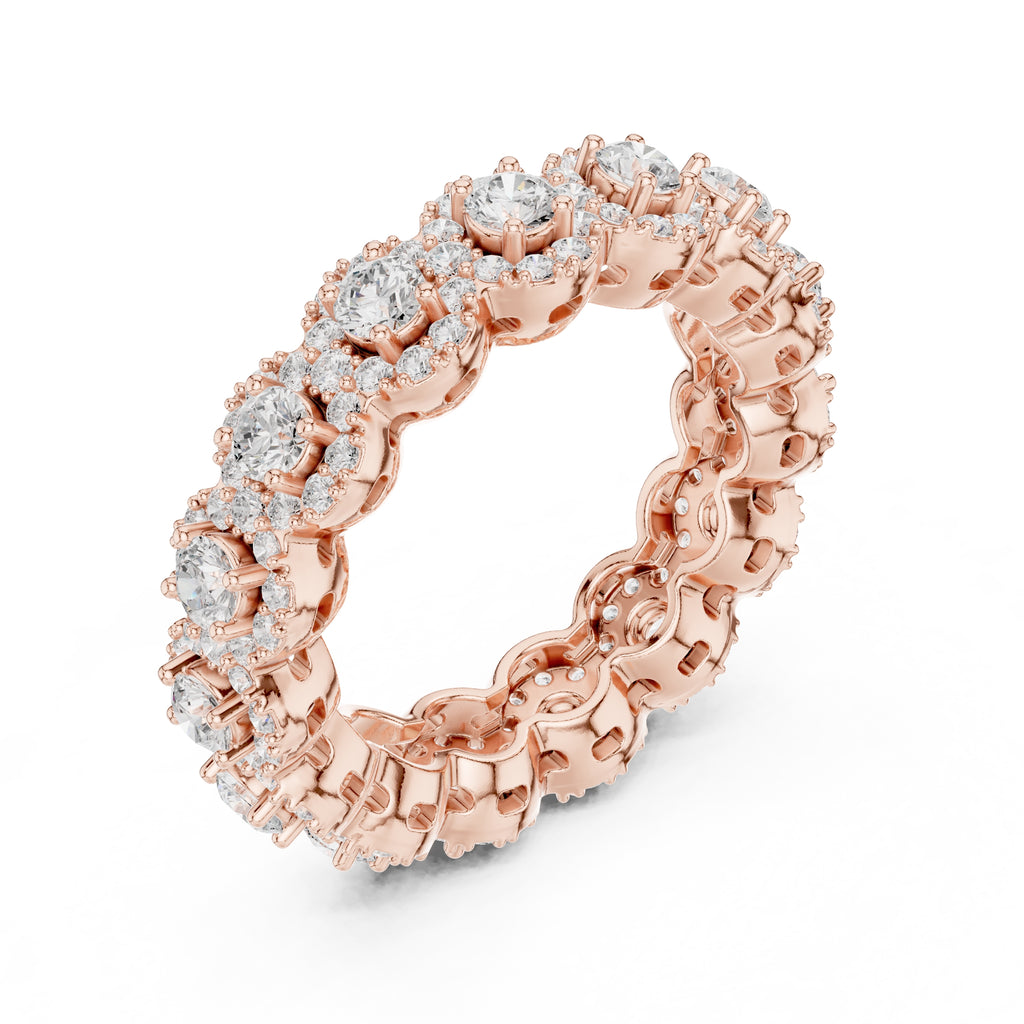 Round Halo Cluster Eternity Band Rose Gold