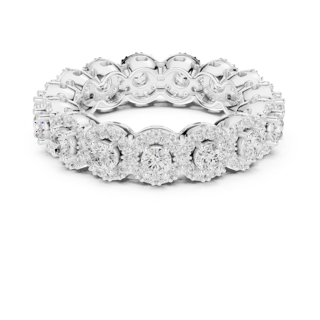Round Halo Cluster Eternity Band White Gold