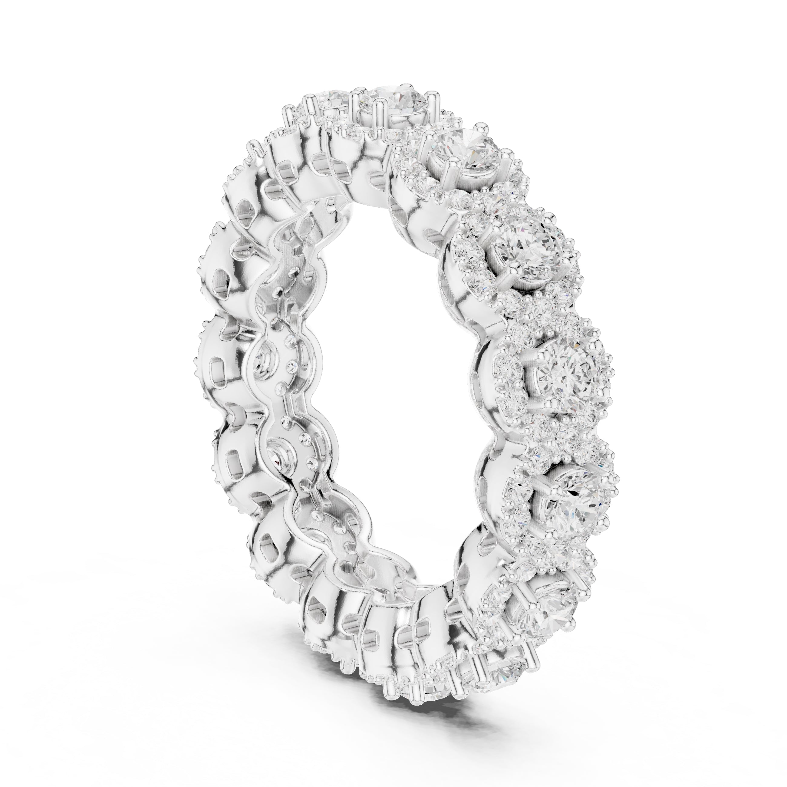 Round Halo Cluster Eternity Band White Gold