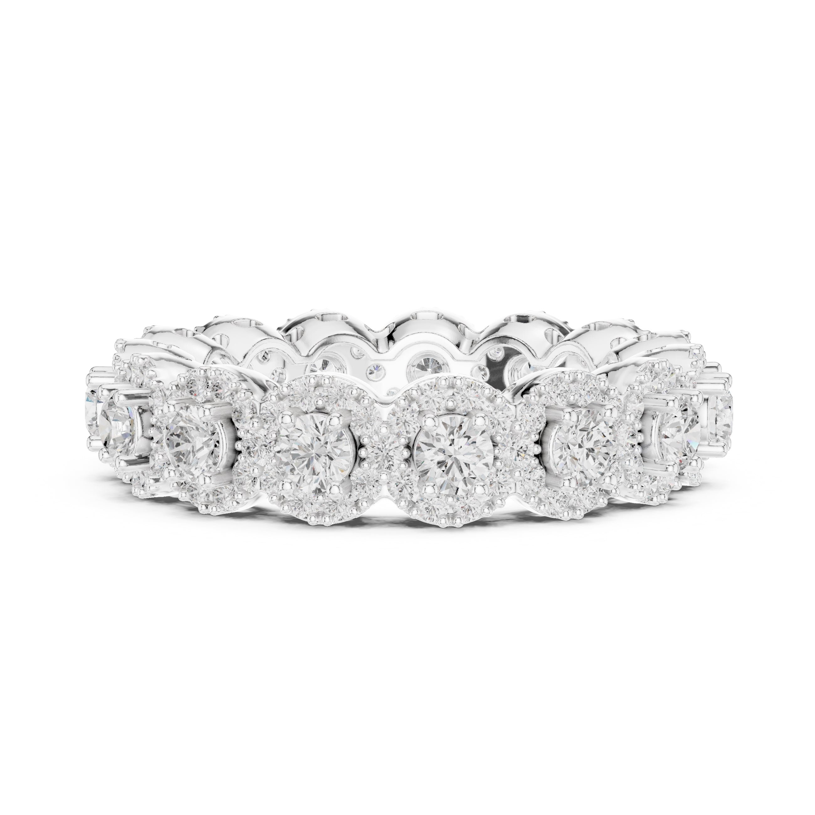 Round Halo Cluster Eternity Band White Gold