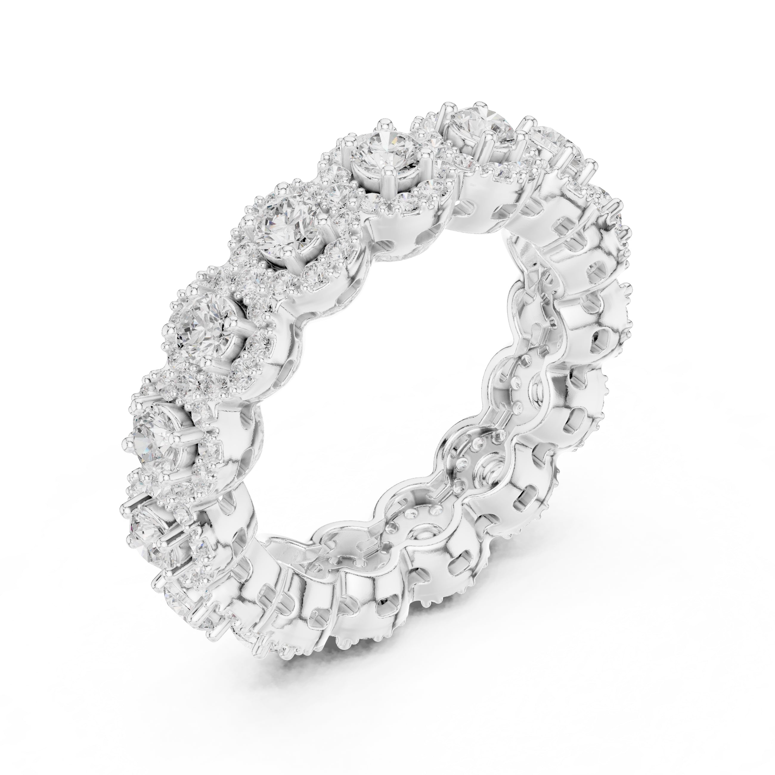 Round Halo Cluster Eternity Band White Gold