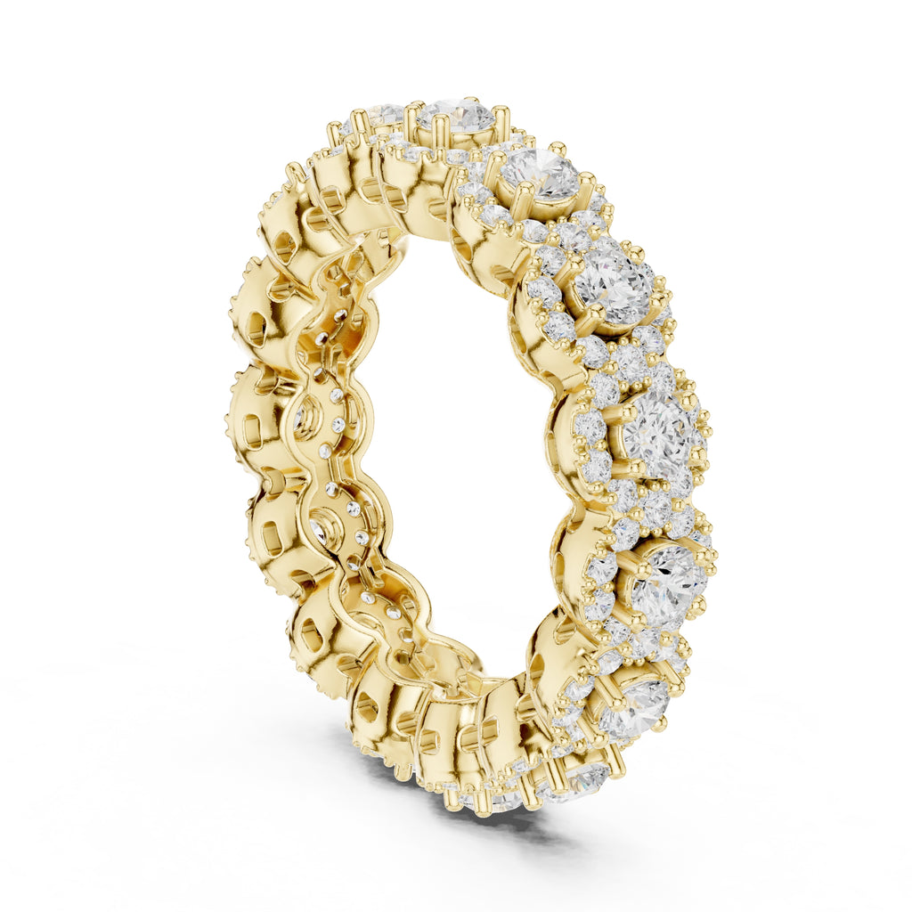 Round Halo Cluster Eternity Band Yellow Gold