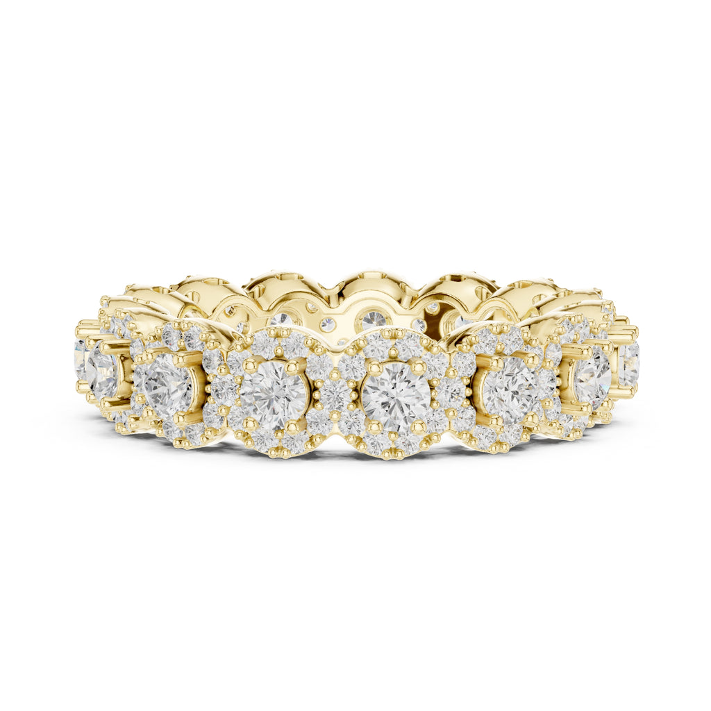 Round Halo Cluster Eternity Band Yellow Gold