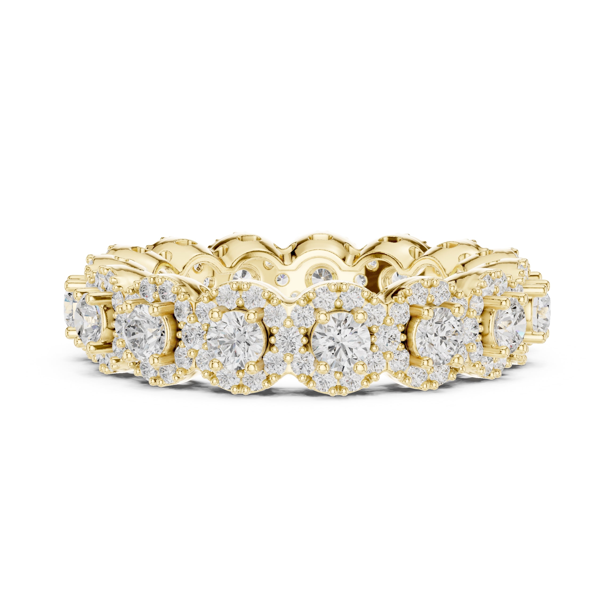 Round Halo Cluster Eternity Band Yellow Gold