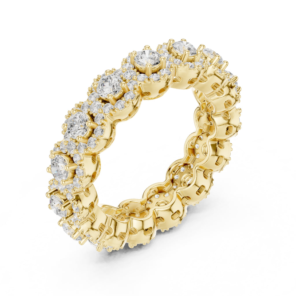 Round Halo Cluster Eternity Band Yellow Gold