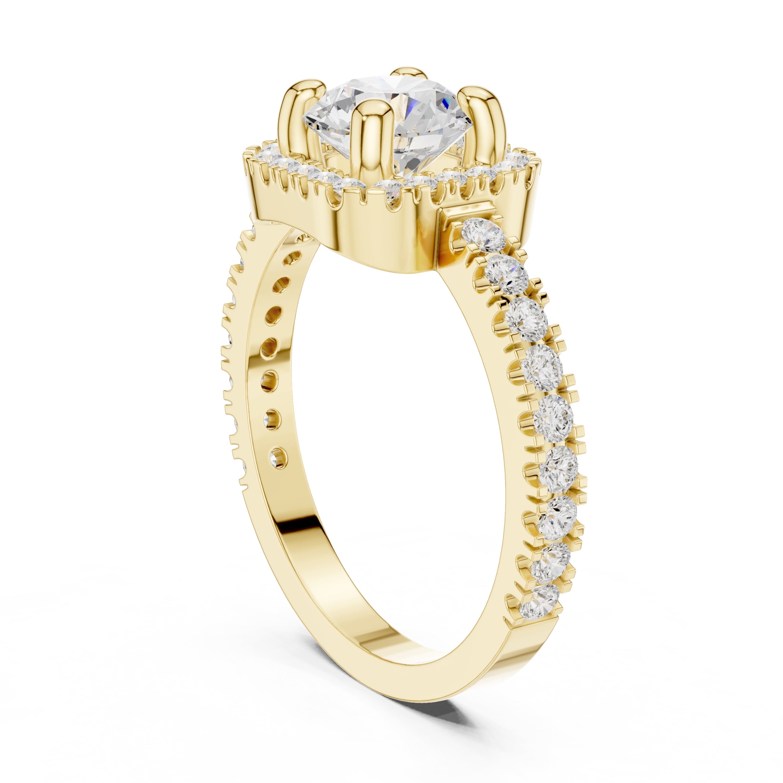 1.00 ct Round Stone Pave Engagement Ring 1ct Yellow Gold