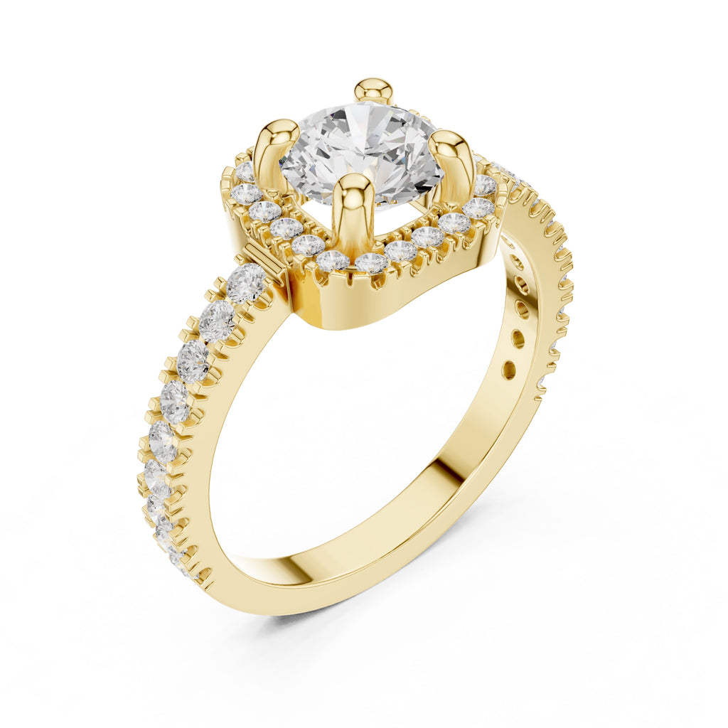 1.00 ct Round Stone Pave Engagement Ring 1ct Yellow Gold