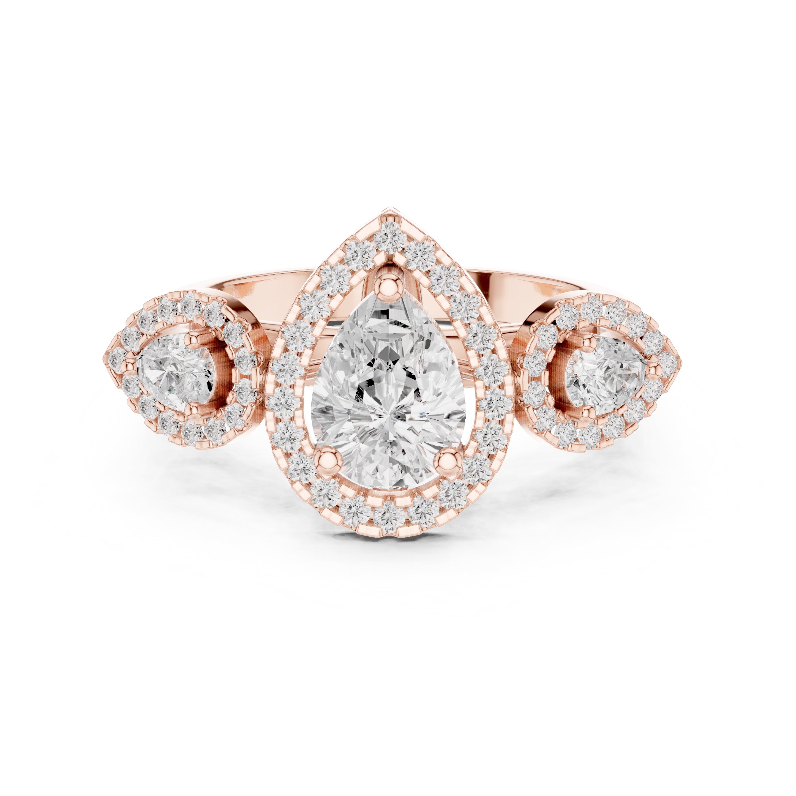2.5 ct Pear Diamond Three-Stone Halo Ring 2.5ct Rose Gold