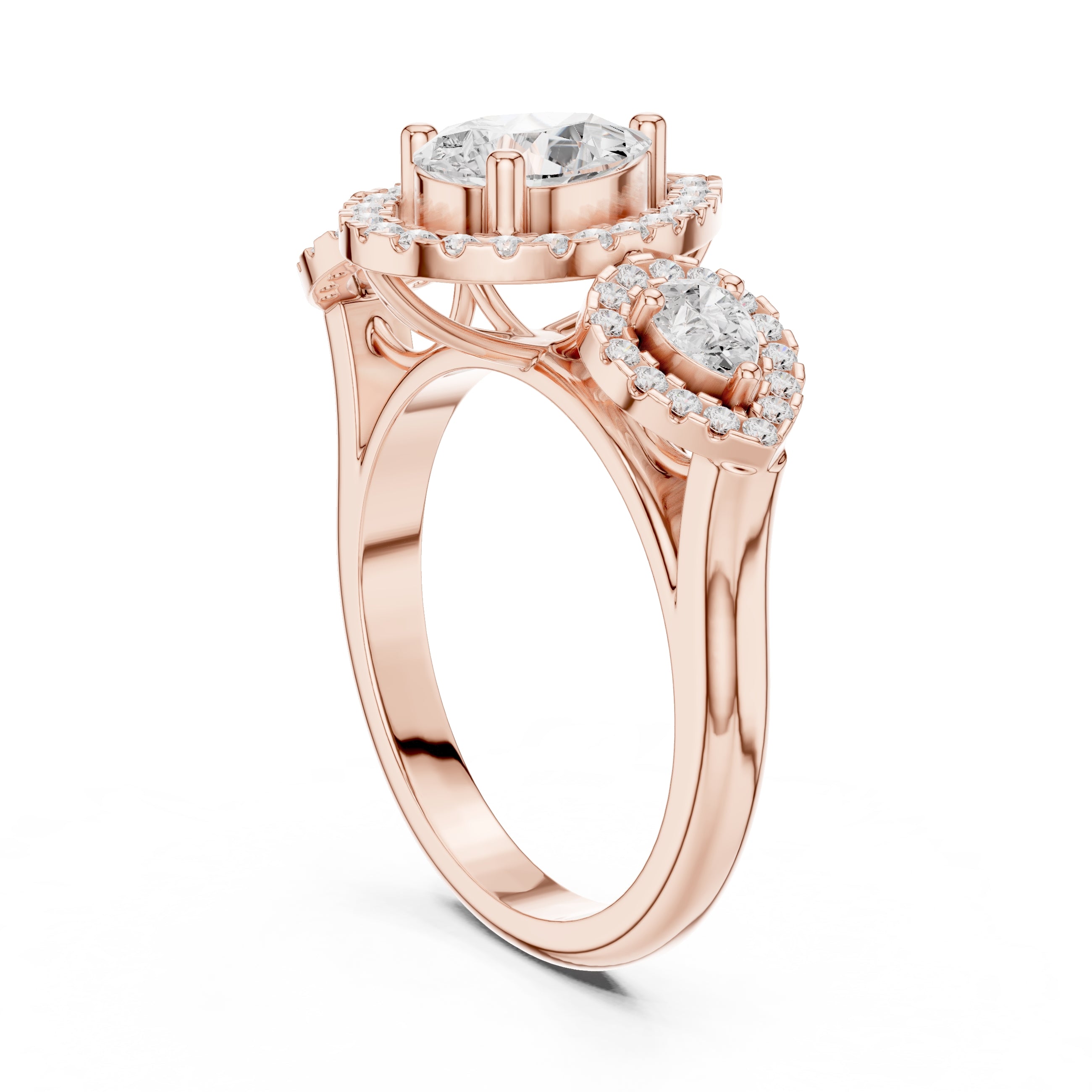 2.5 ct Pear Diamond Three-Stone Halo Ring 2.5ct Rose Gold
