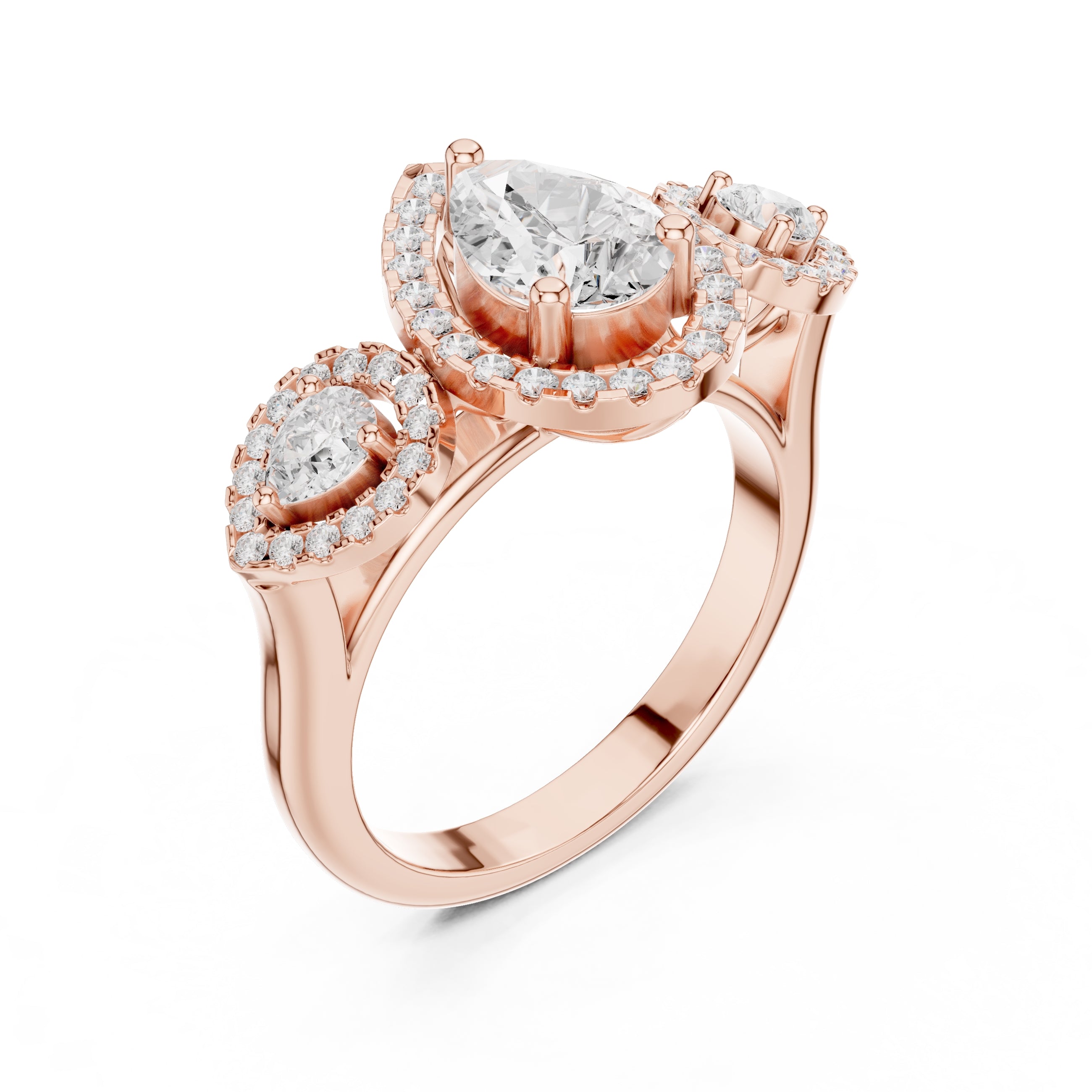 2.5 ct Pear Diamond Three-Stone Halo Ring 2.5ct Rose Gold
