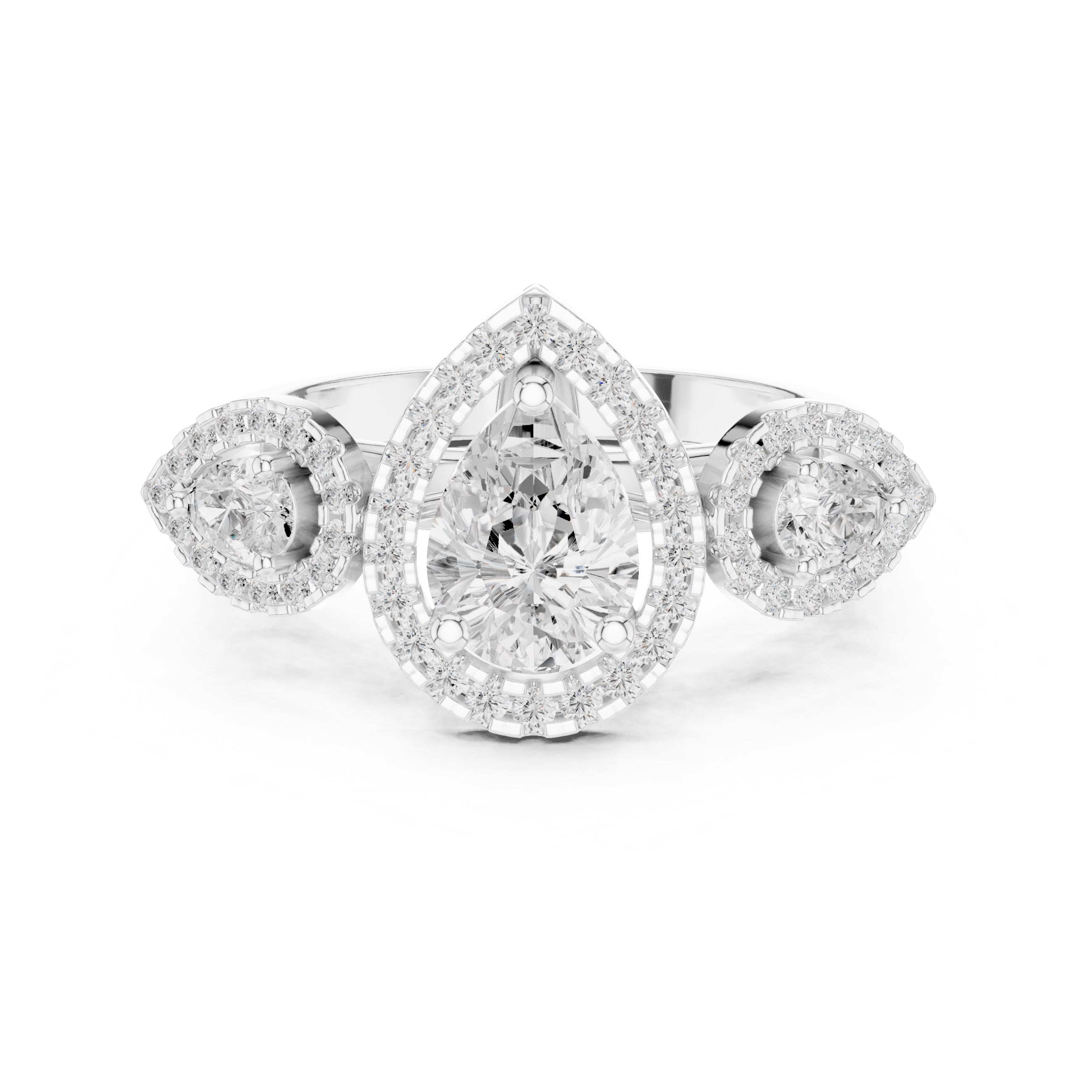 2.5 ct Pear Diamond Three-Stone Halo Ring 2.5ct White Gold