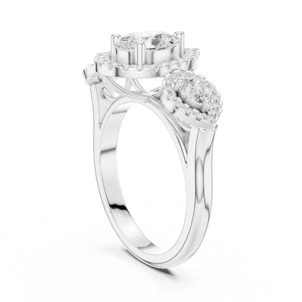 2.5 ct Pear Diamond Three-Stone Halo Ring 2.5ct White Gold