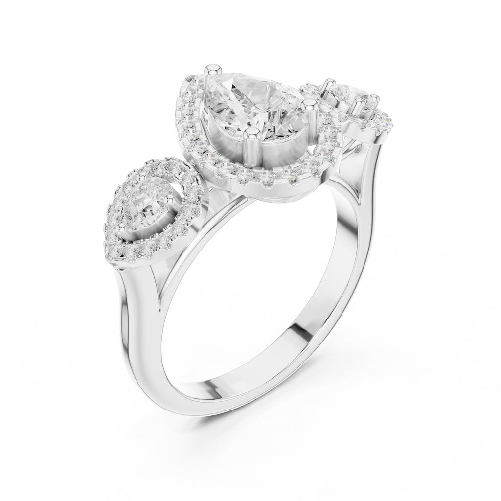 2.5 ct Pear Diamond Three-Stone Halo Ring 2.5ct White Gold