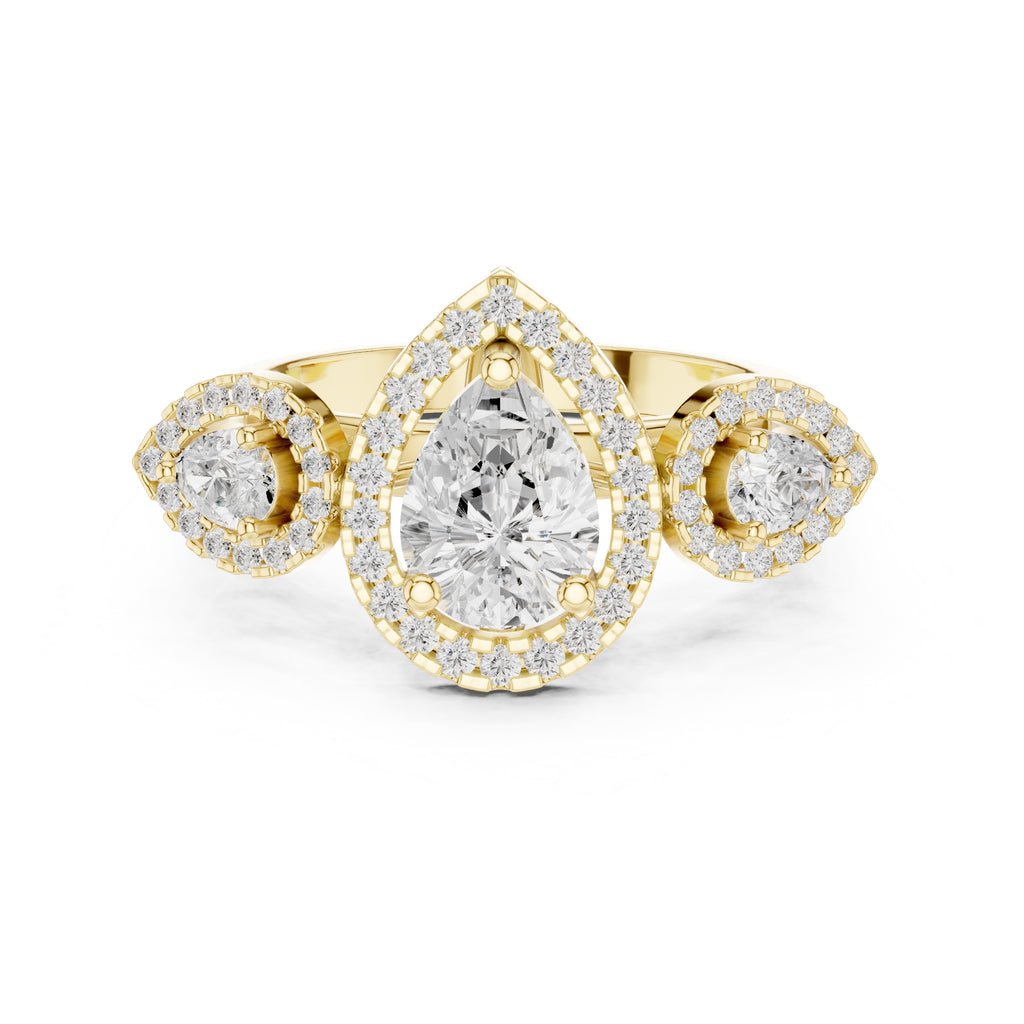 2.5 ct Pear Diamond Three-Stone Halo Ring 2.5ct Yellow Gold