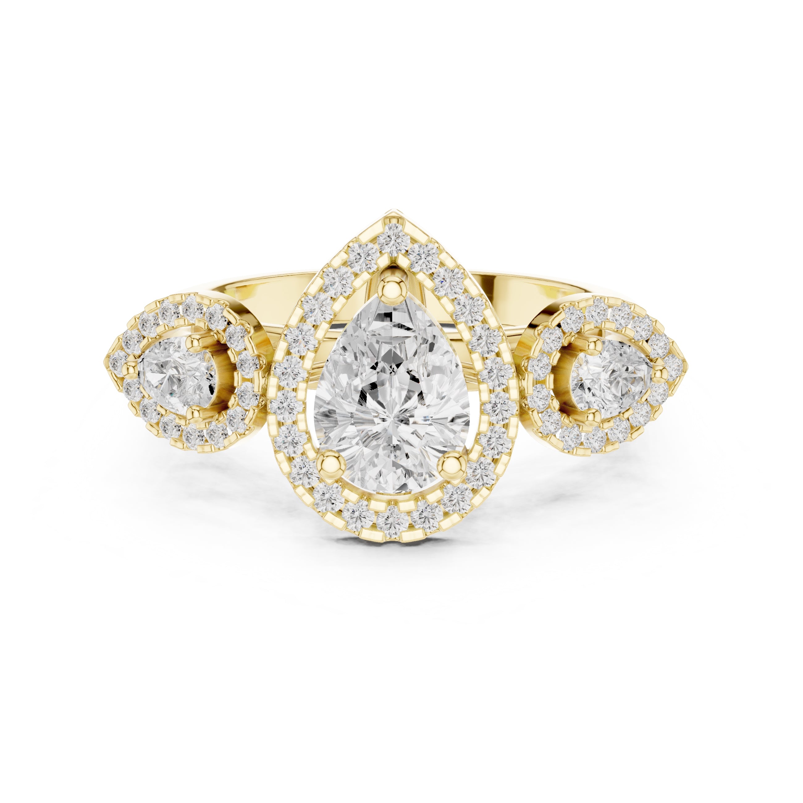 2.5 ct Pear Diamond Three-Stone Halo Ring 2.5ct Yellow Gold