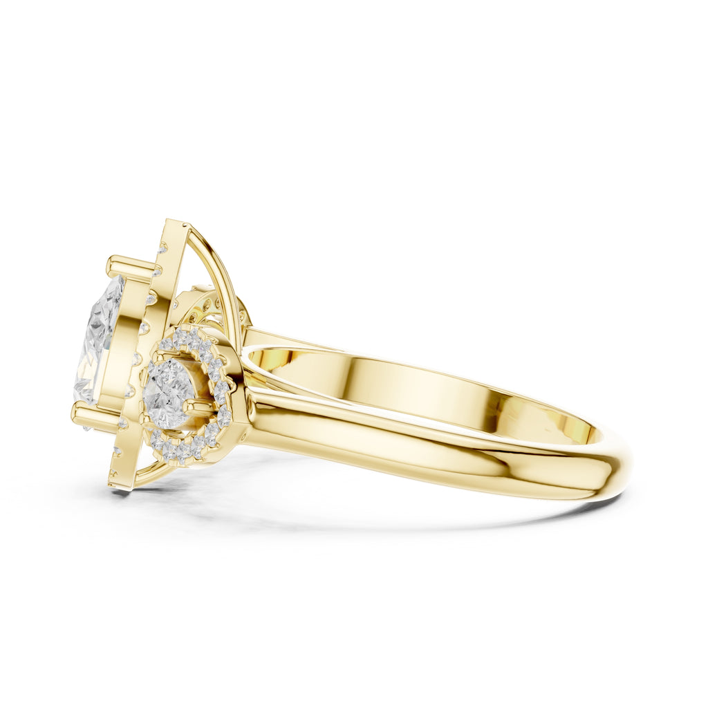 2.5 ct Pear Diamond Three-Stone Halo Ring 2.5ct Yellow Gold
