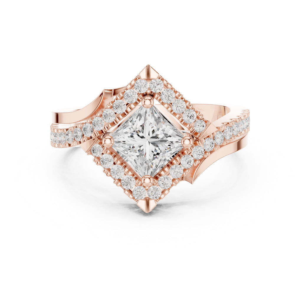 1.00 ct Princess Bypass Halo Engagement Ring 1ct Rose Gold
