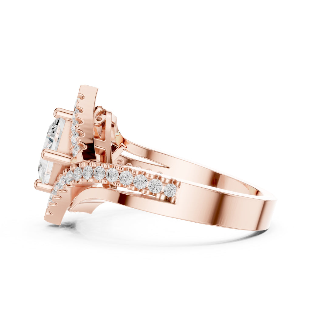 1.00 ct Princess Bypass Halo Engagement Ring 1ct Rose Gold
