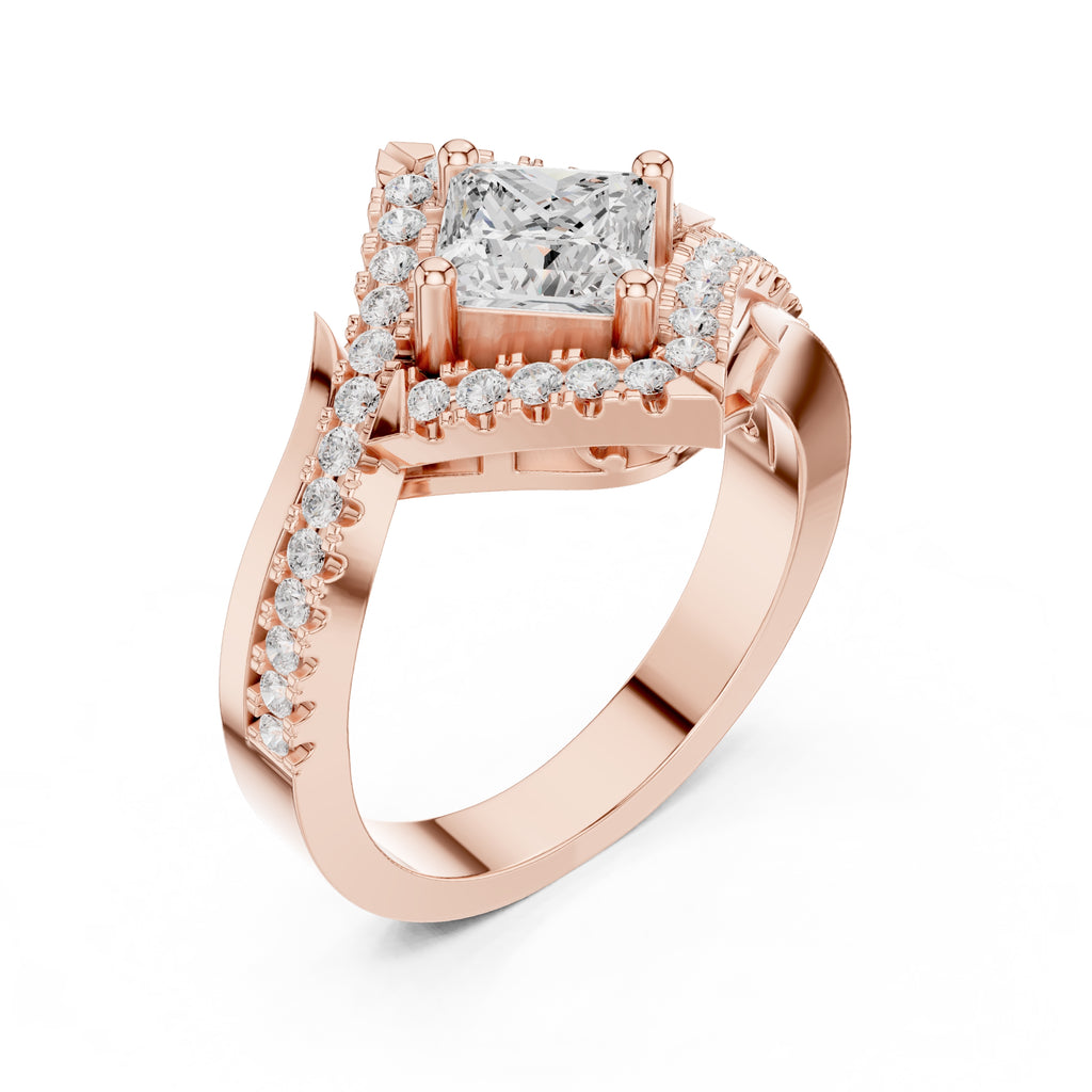 1.00 ct Princess Bypass Halo Engagement Ring 1ct Rose Gold