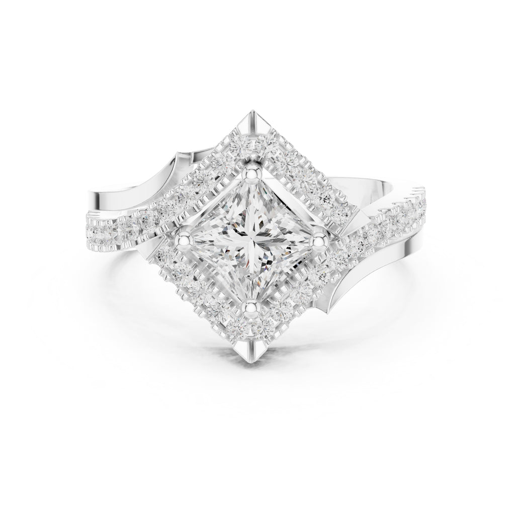 1.00 ct Princess Bypass Halo Engagement Ring 1ct White Gold