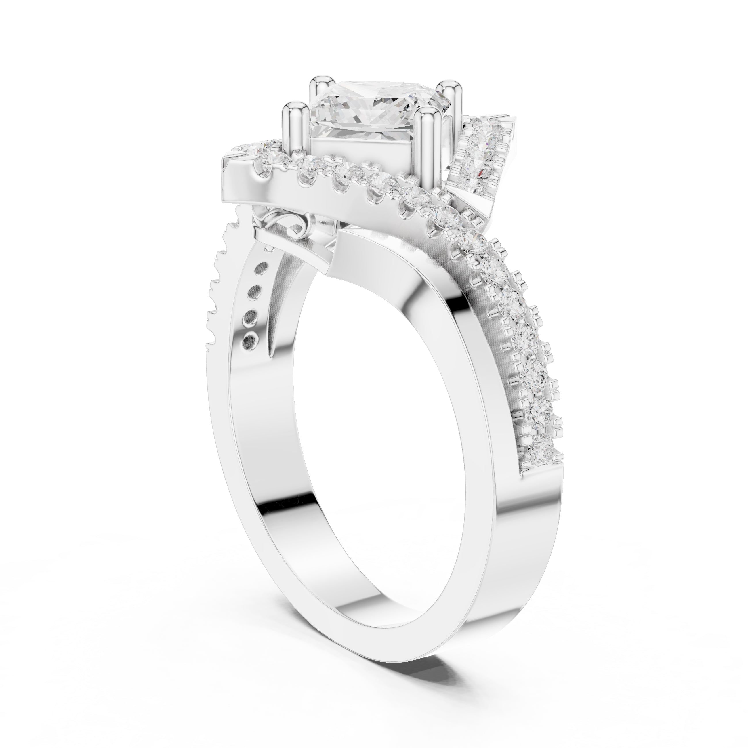 1.00 ct Princess Bypass Halo Engagement Ring 1ct White Gold