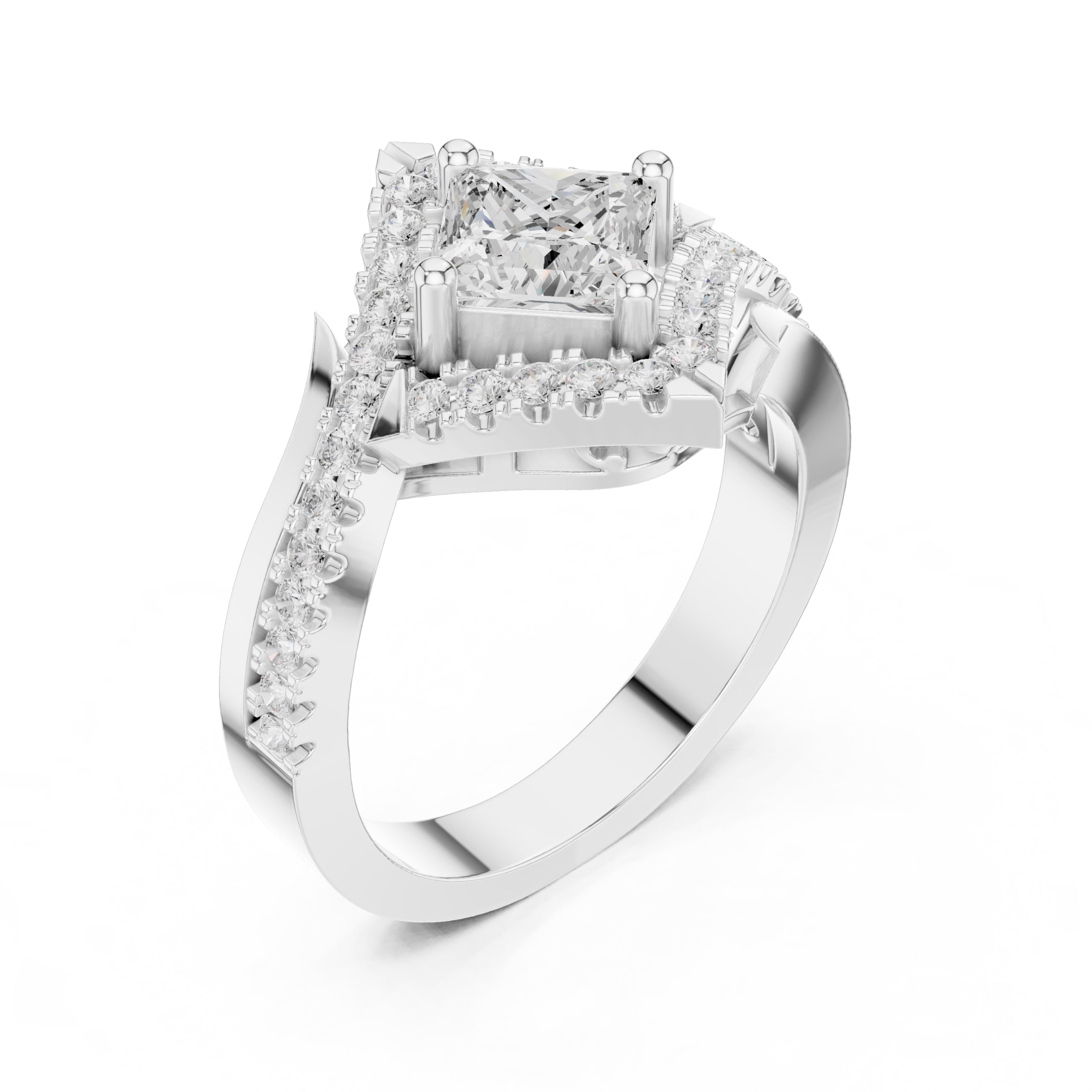 1.00 ct Princess Bypass Halo Engagement Ring 1ct White Gold