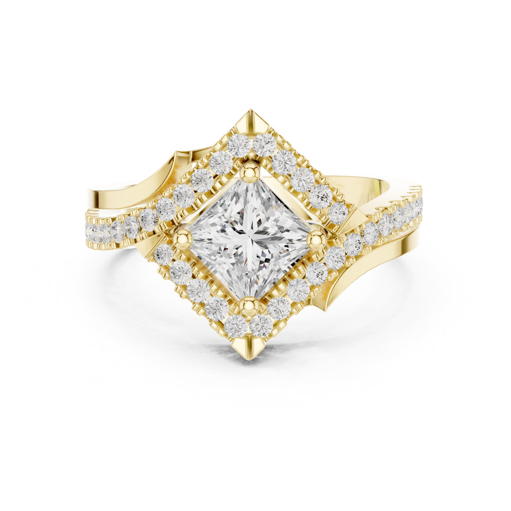 1.00 ct Princess Bypass Halo Engagement Ring 1ct Yellow Gold