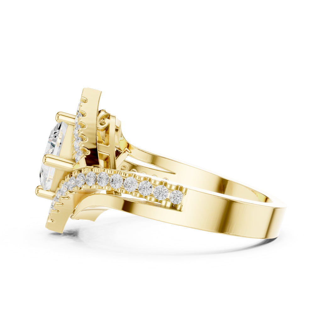 1.00 ct Princess Bypass Halo Engagement Ring 1ct Yellow Gold
