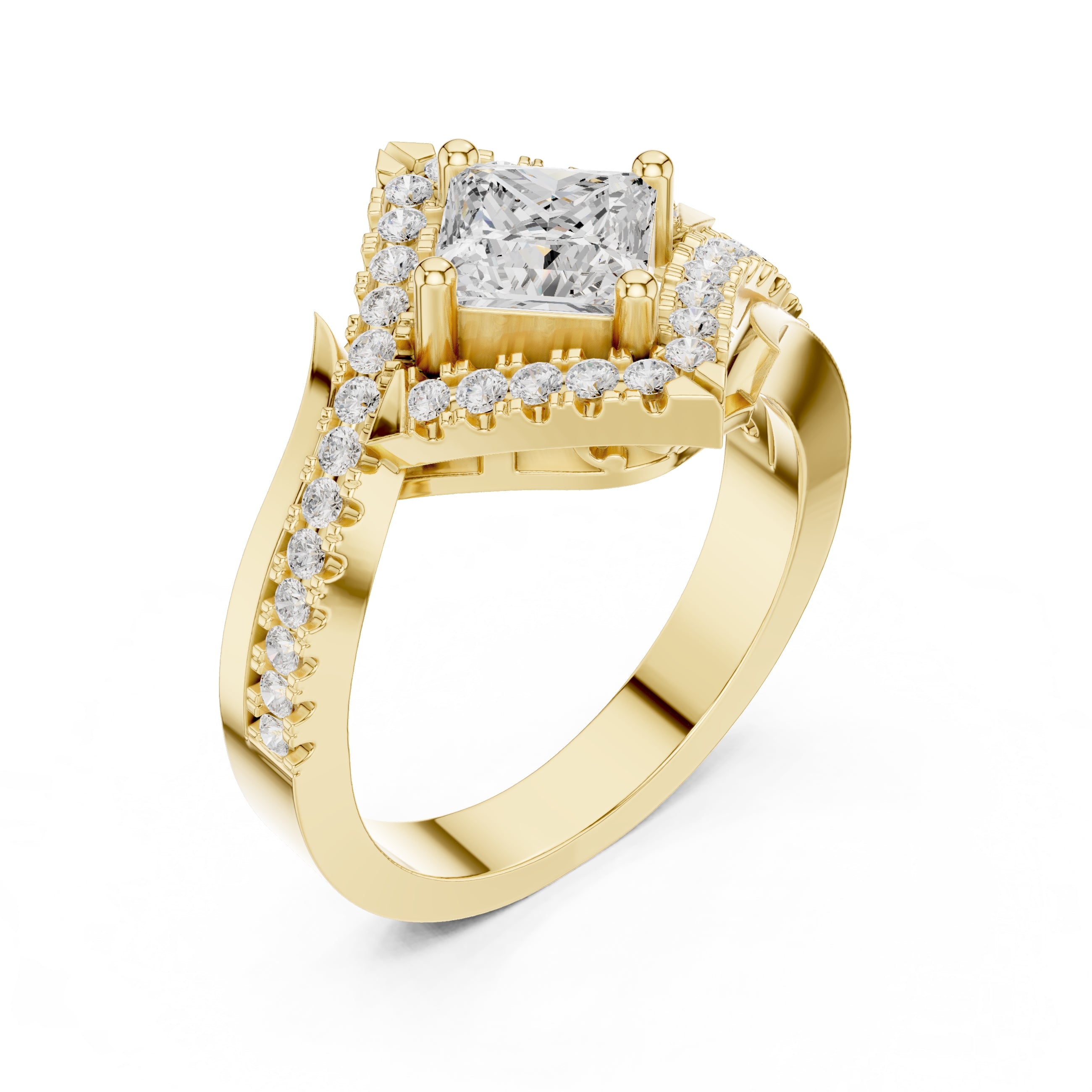 1.00 ct Princess Bypass Halo Engagement Ring 1ct Yellow Gold