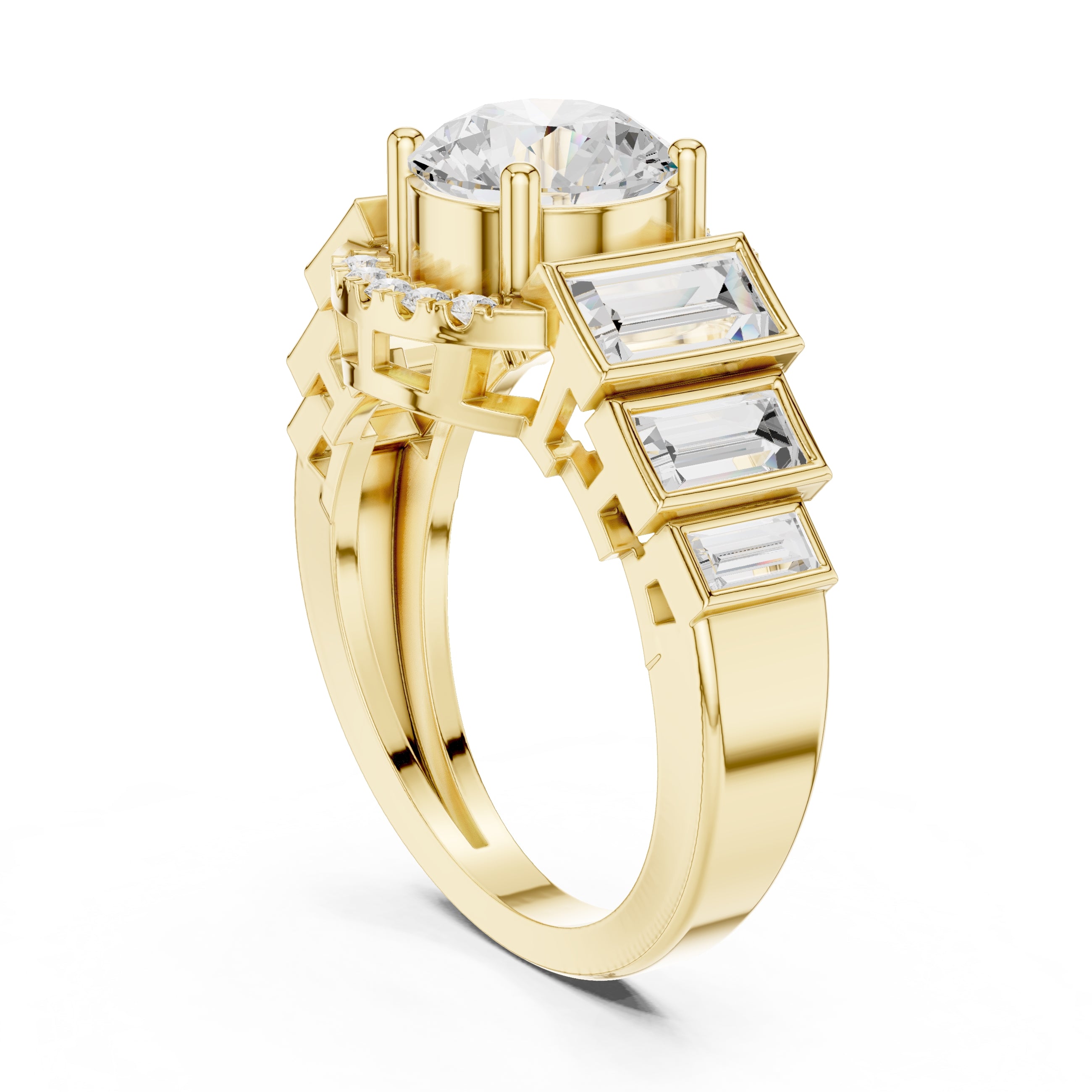 2.00 ct Round Diamond Step-Accented Halo Ring 2ct Yellow Gold
