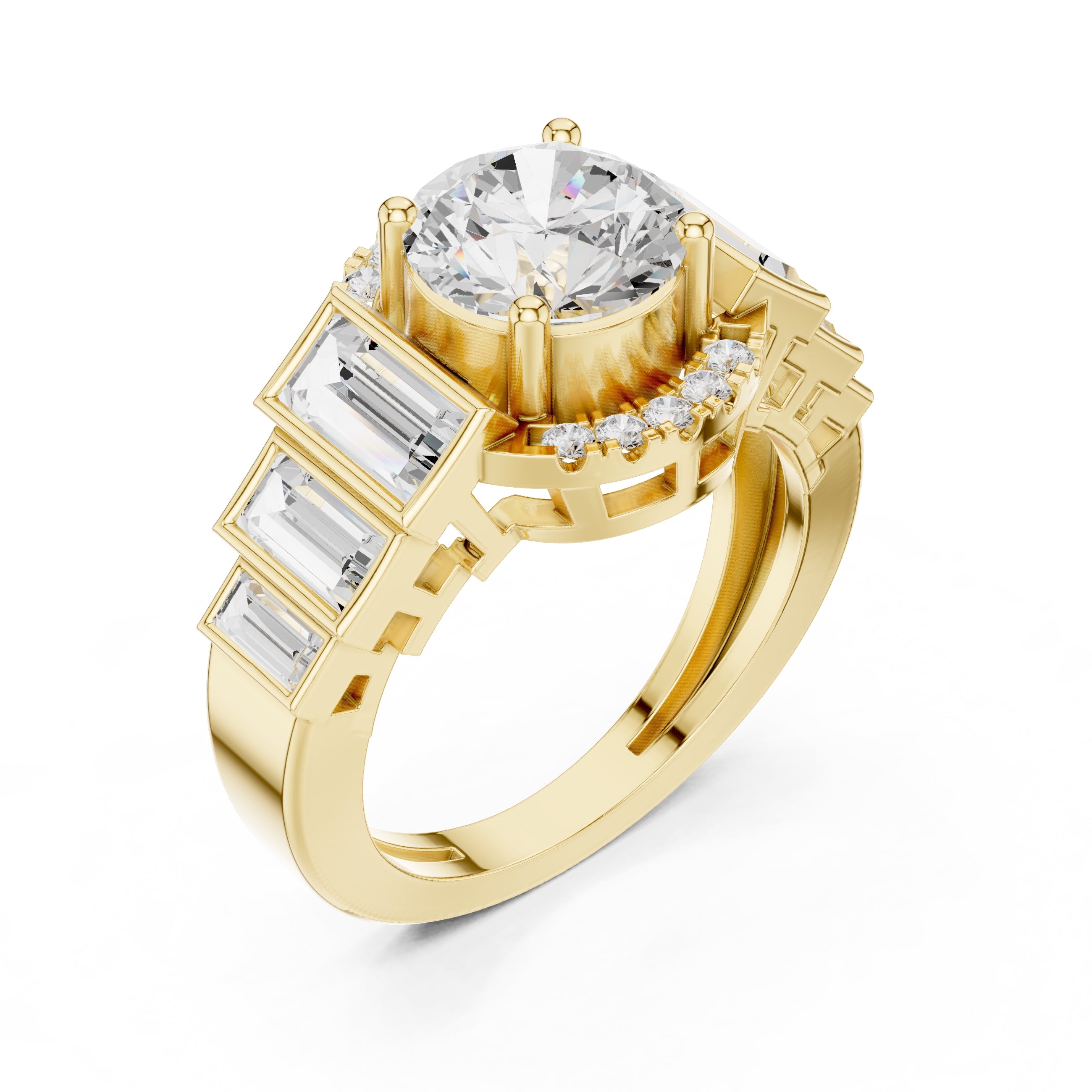 2.00 ct Round Diamond Step-Accented Halo Ring 2ct Yellow Gold