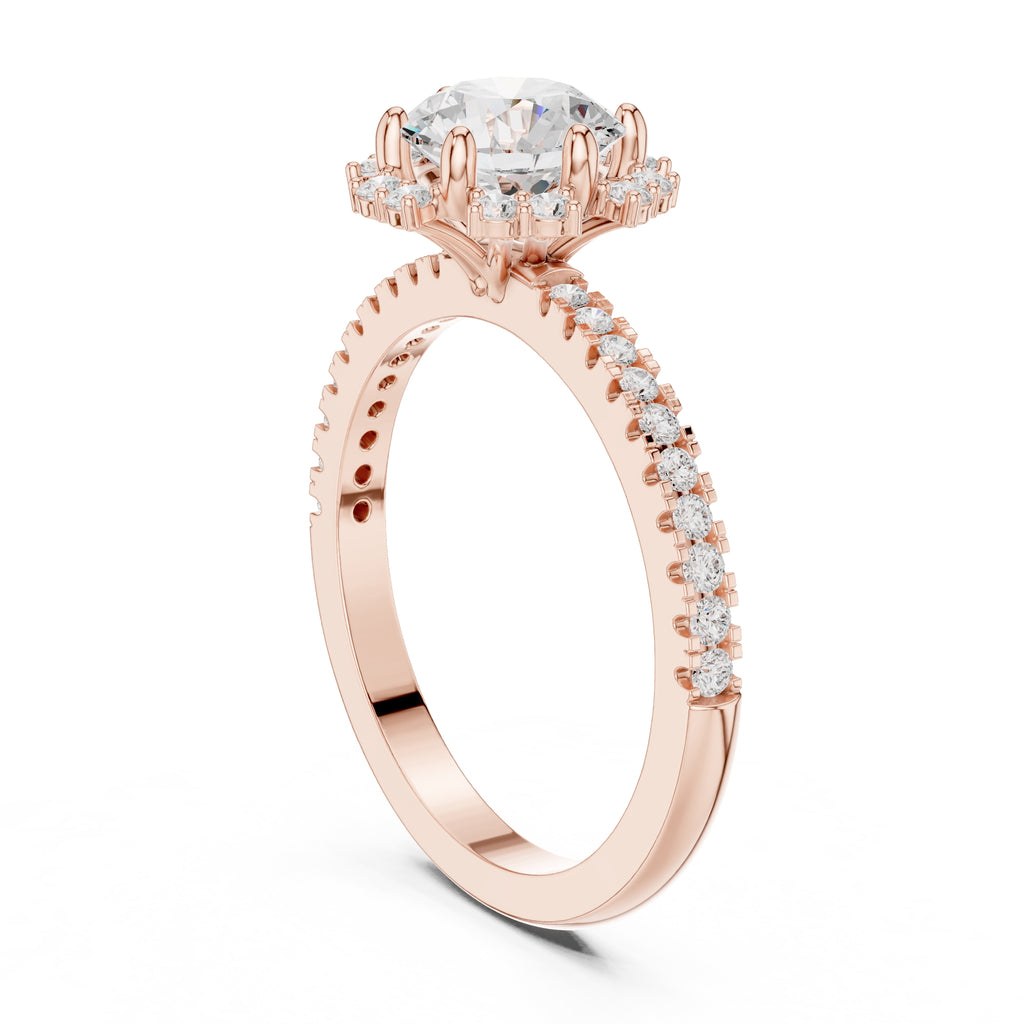 1.00 ct Round Diamond Scalloped Halo Ring 1ct Rose Gold