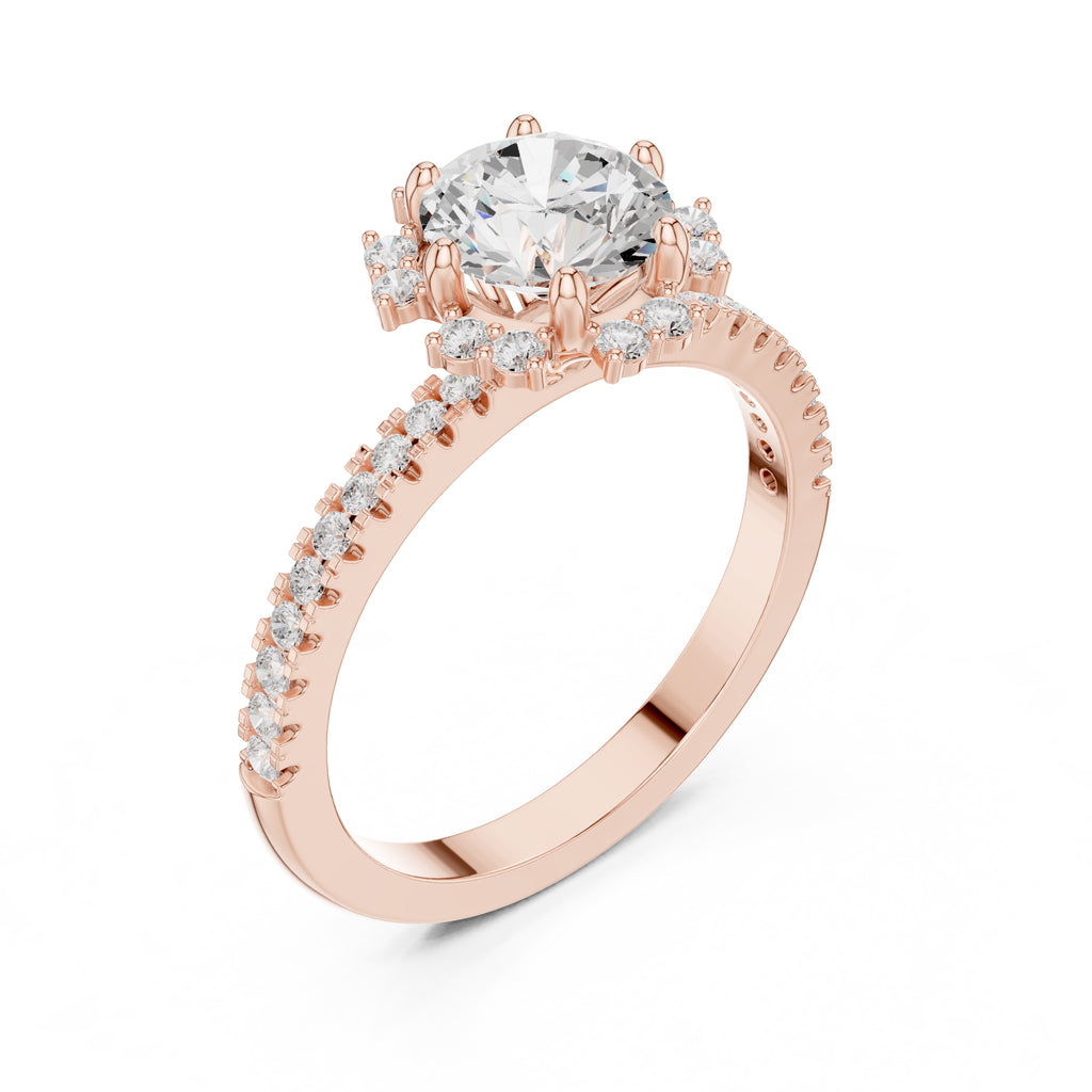 1.00 ct Round Diamond Scalloped Halo Ring 1ct Rose Gold