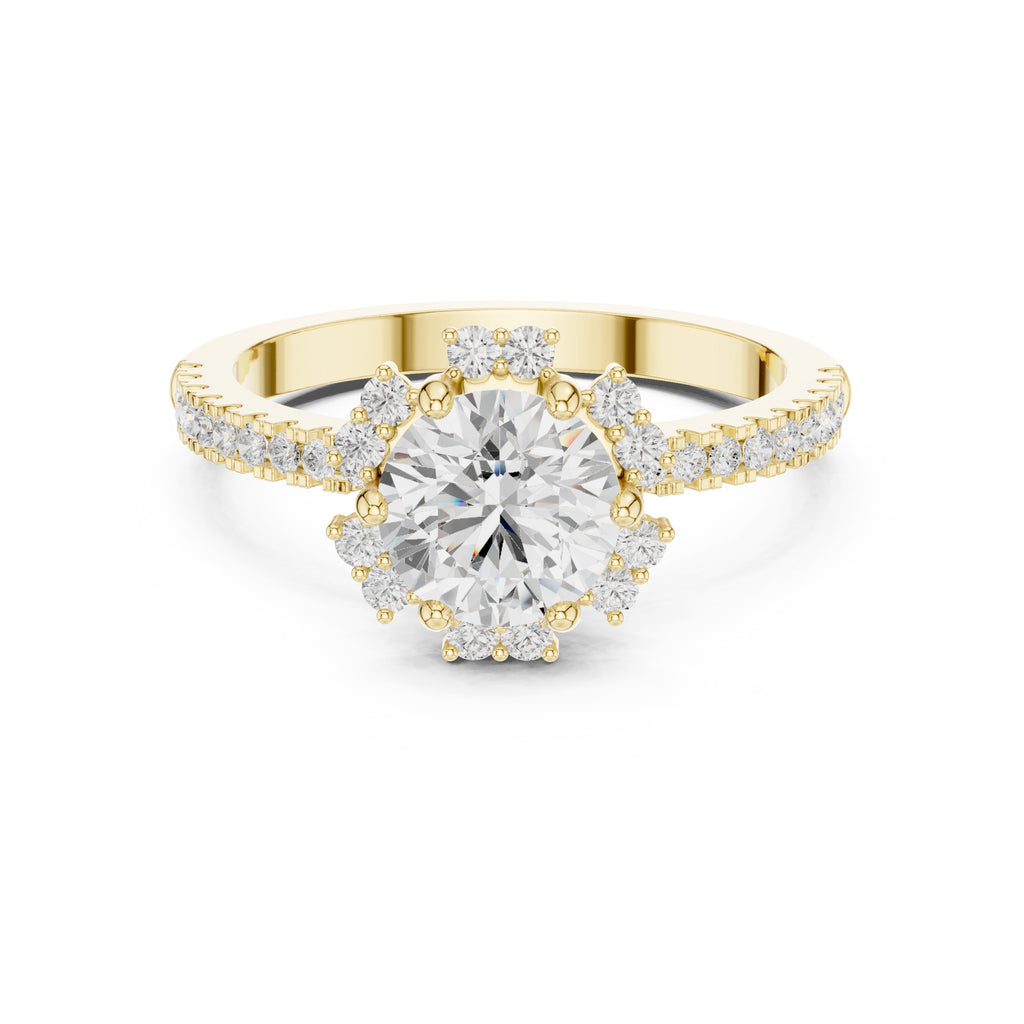 1.00 ct Round Diamond Scalloped Halo Ring 1ct Yellow Gold